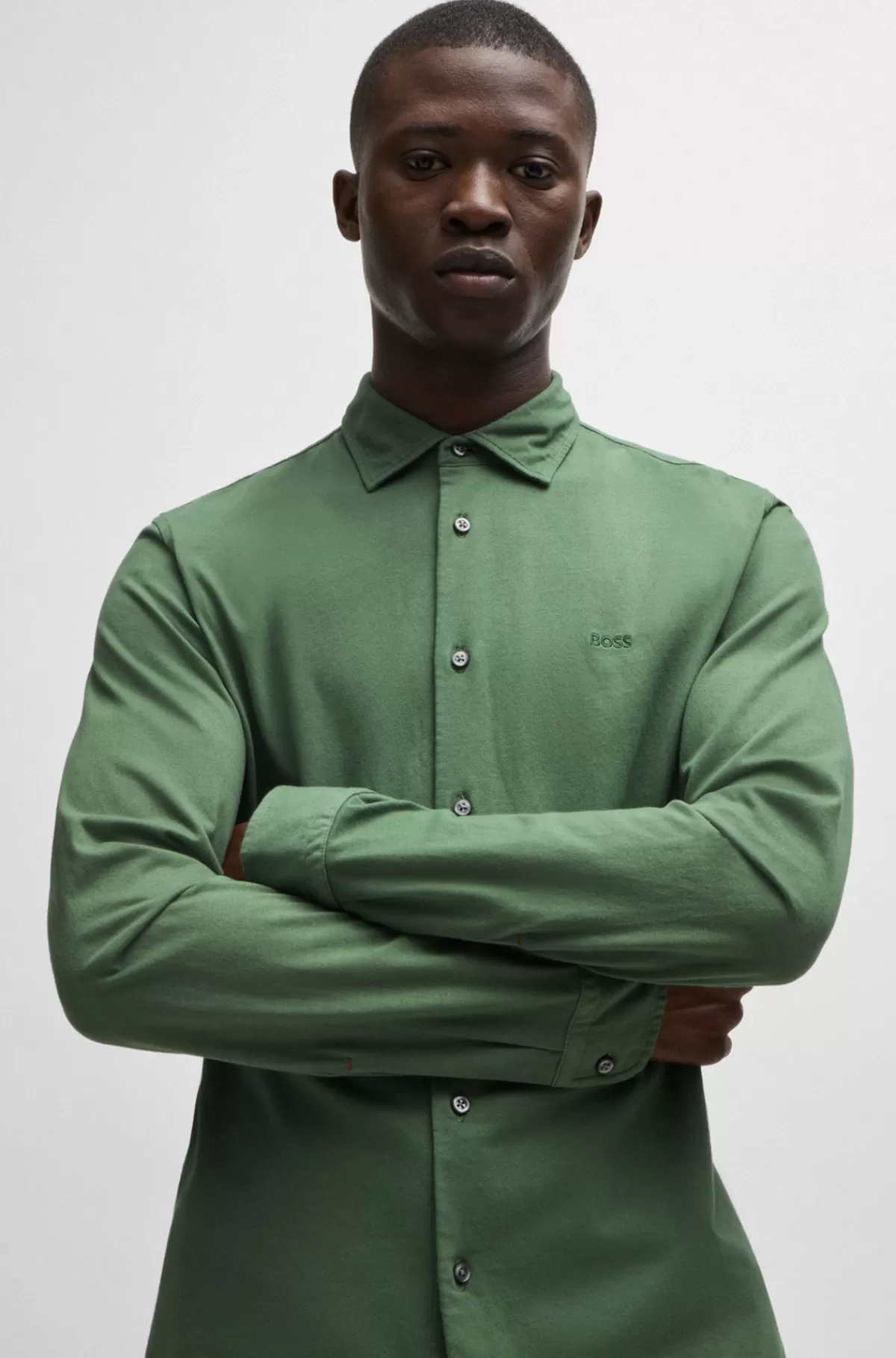 HUGO BOSS Slim Fit Skjorte I Bomuldsjersey Med Broderet Branding Lysegrøn Best