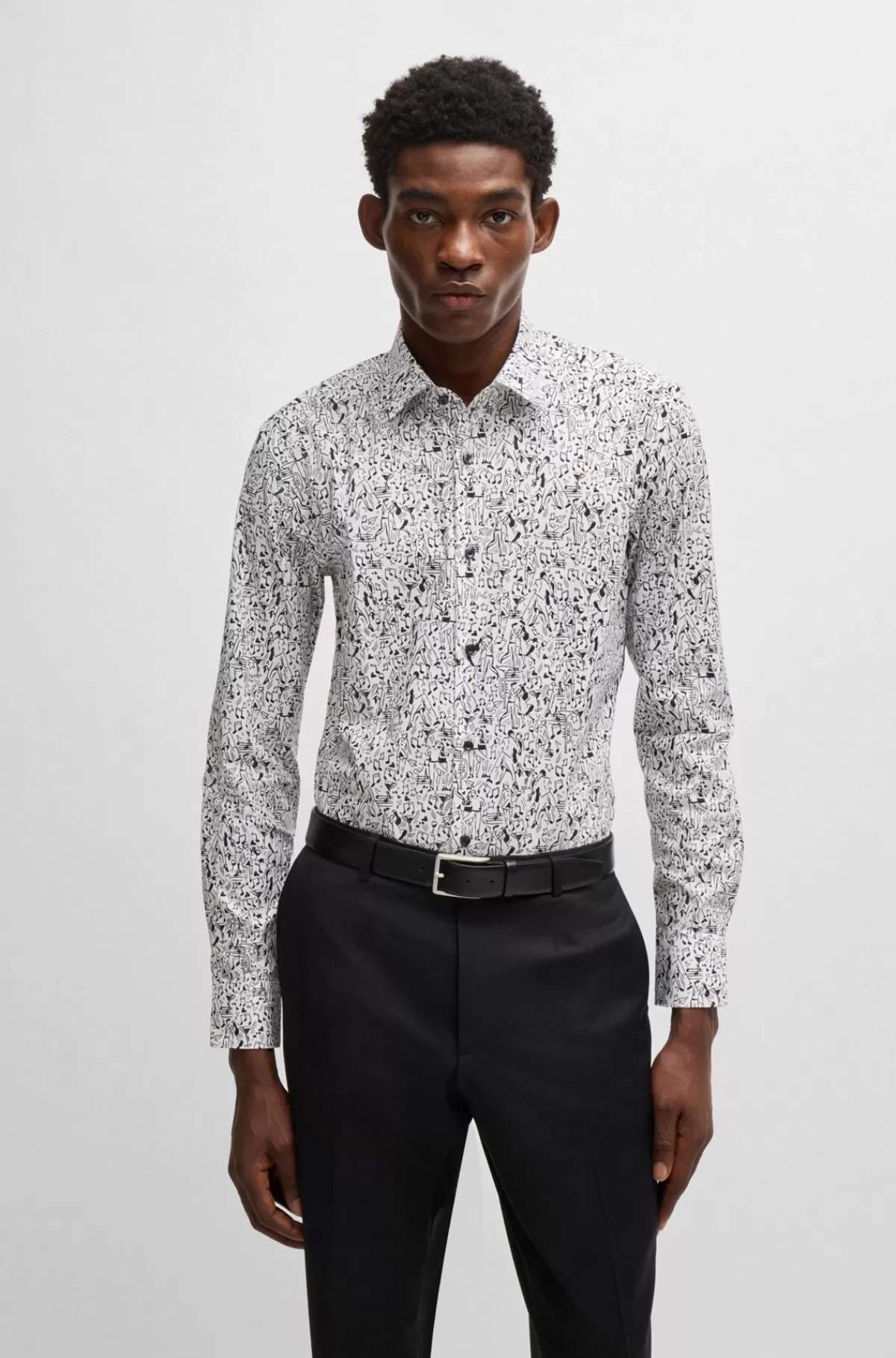 HUGO BOSS Slim Fit Skjorte I Bomuldspoplin Med Stræk Og Print Hvid Online