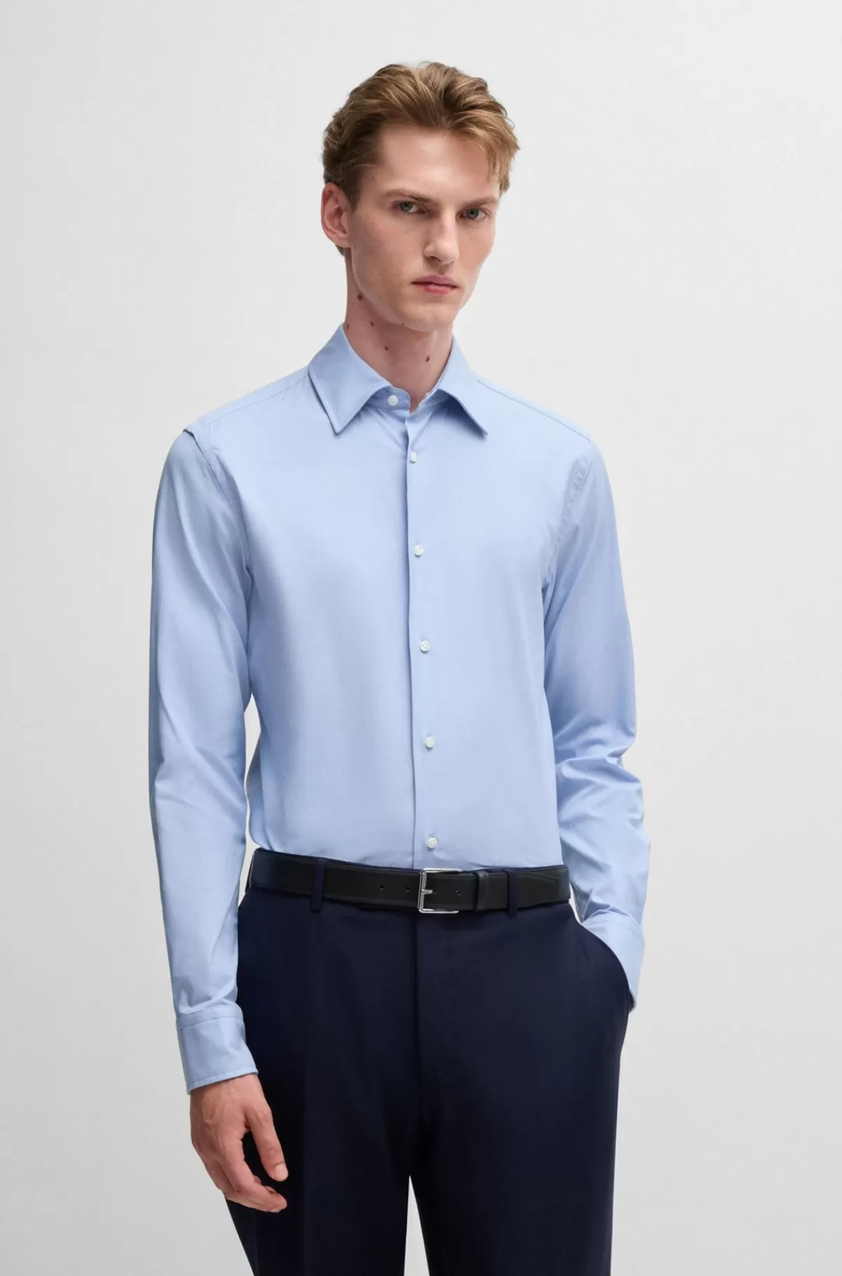 HUGO BOSS Slim Fit Skjorte I Italiensk Bomuld Med Struktur Og Stræk Lyseblå Hot