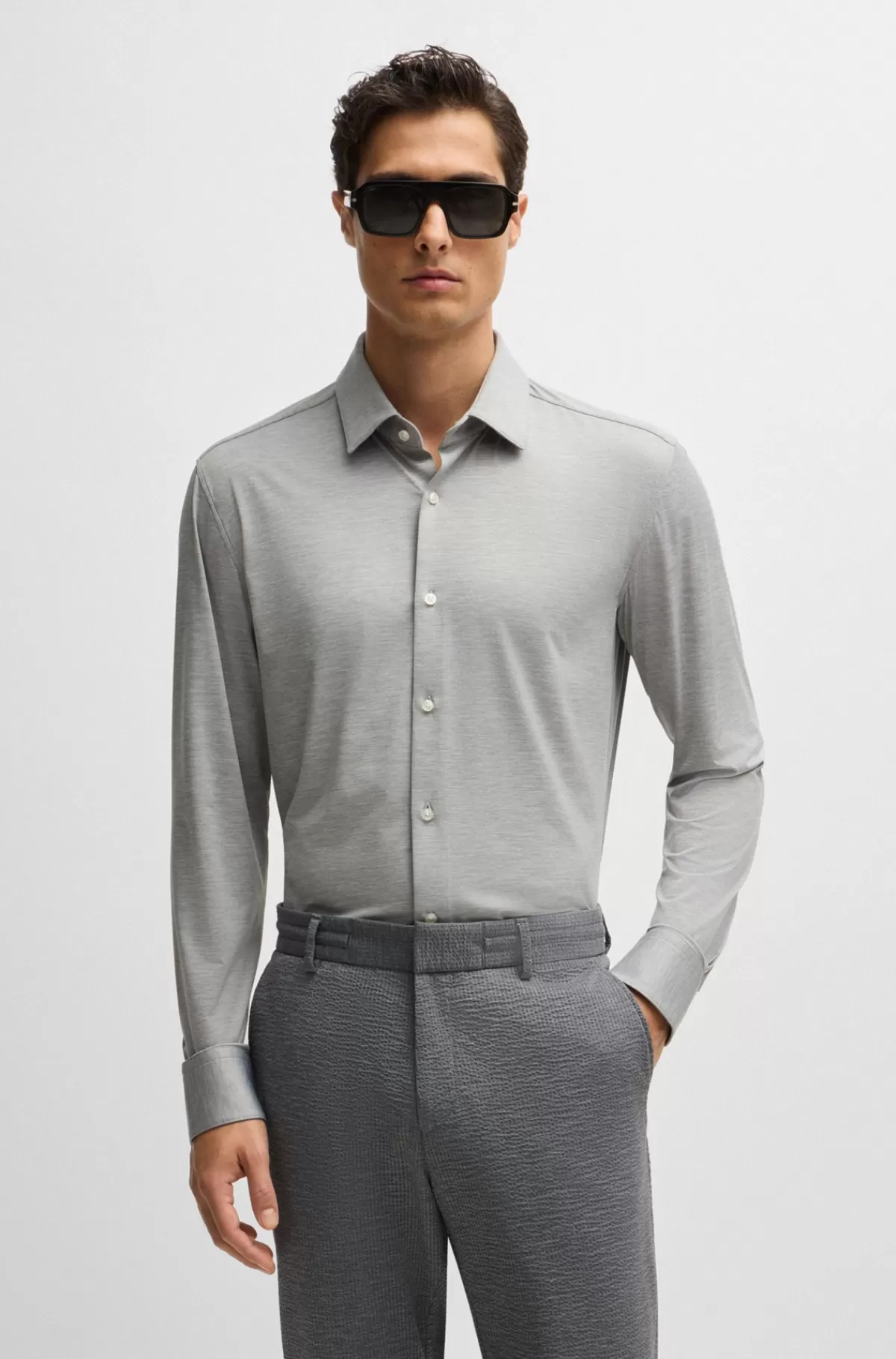 HUGO BOSS Slim Fit Skjorte I Meleret Jersey Med Performance-stræk Sølv Best Sale