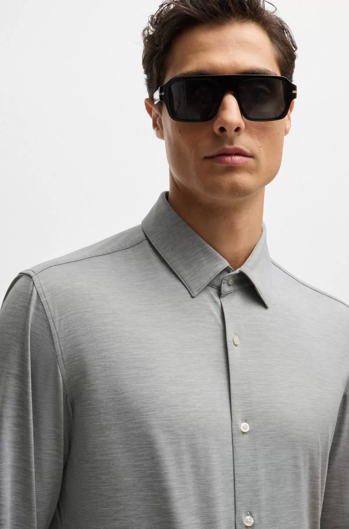 HUGO BOSS Slim Fit Skjorte I Meleret Jersey Med Performance-stræk Sølv Best Sale