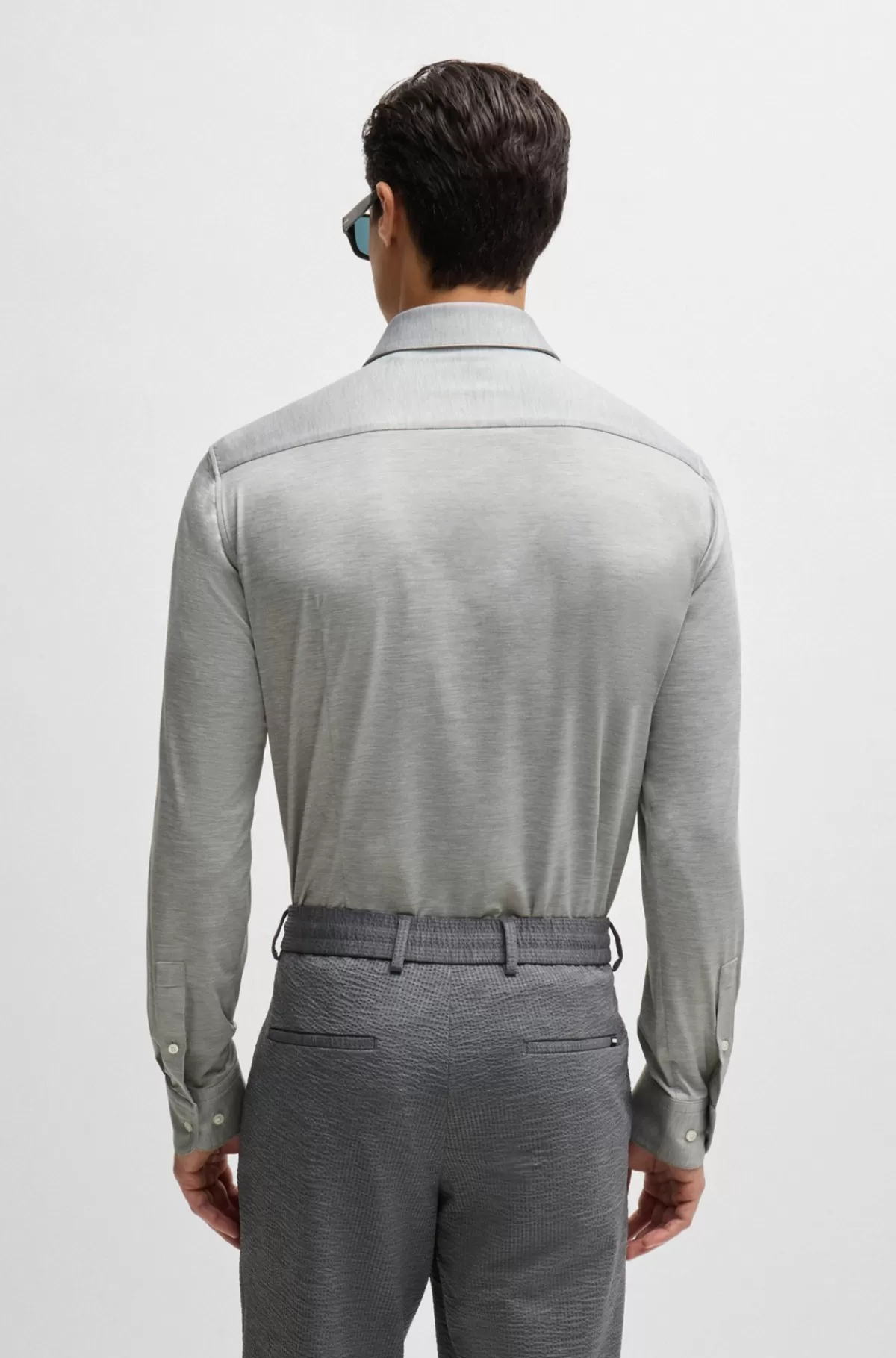HUGO BOSS Slim Fit Skjorte I Meleret Jersey Med Performance-stræk Sølv Best Sale