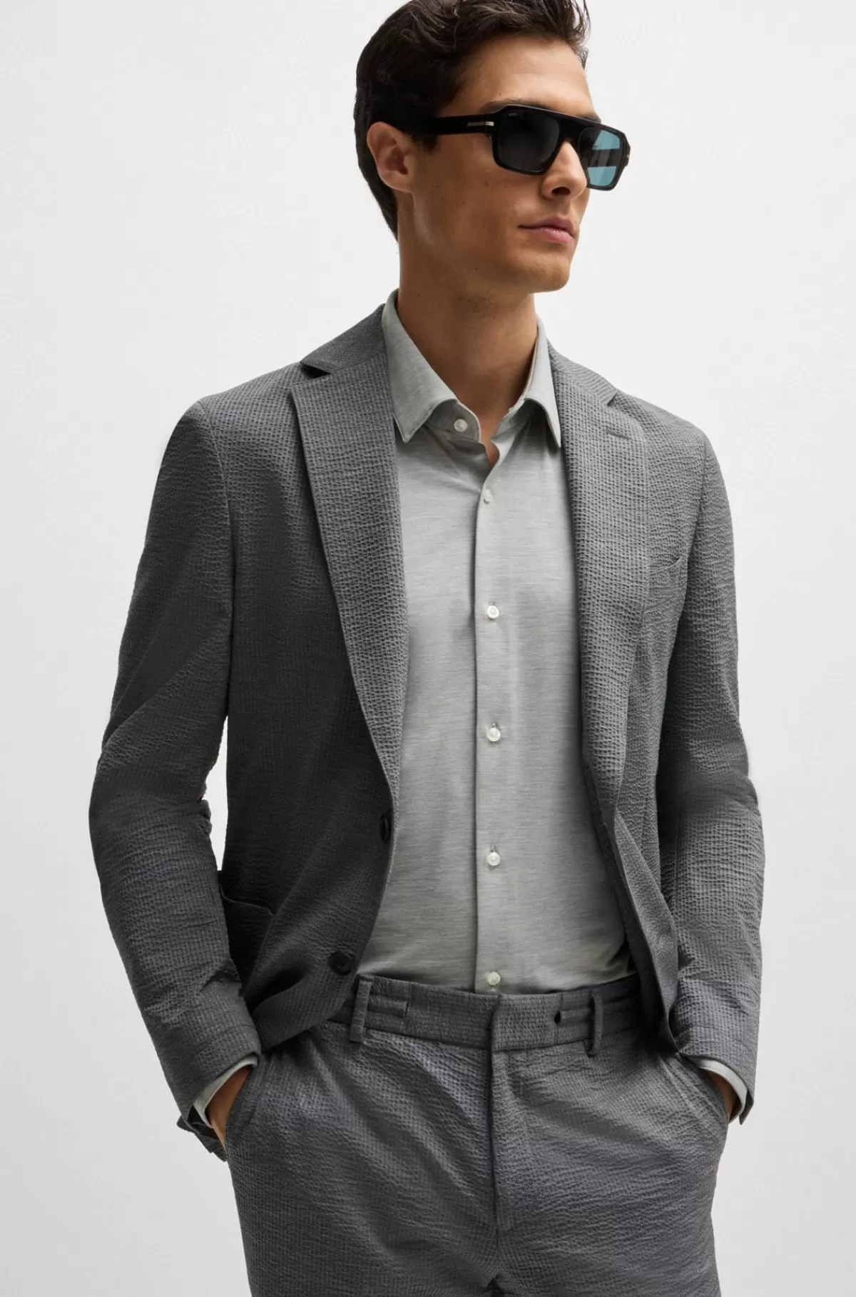 HUGO BOSS Slim Fit Skjorte I Meleret Jersey Med Performance-stræk Sølv Best Sale