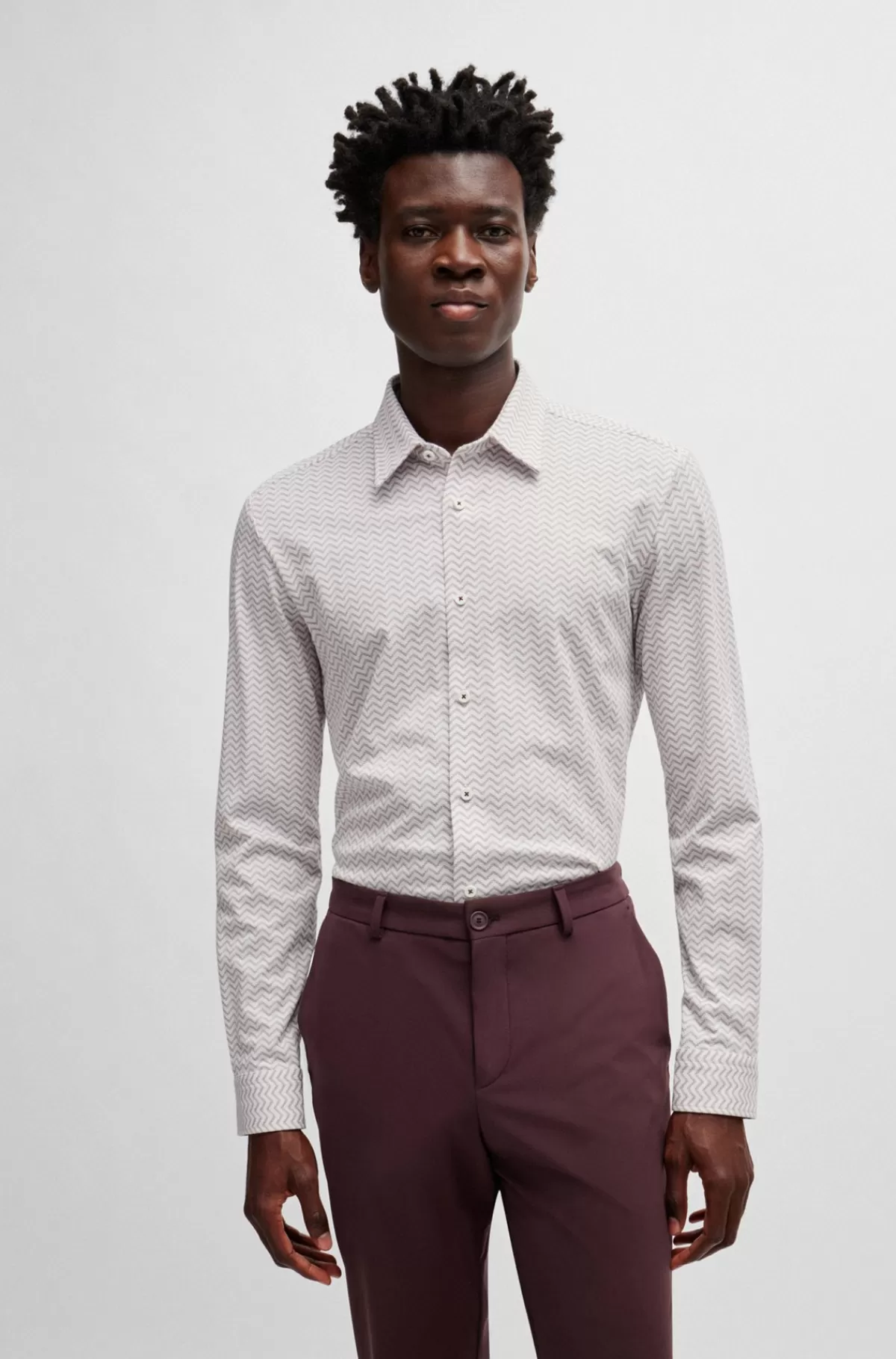 HUGO BOSS Slim Fit Skjorte I Mønstret Performance-stof Med Stræk Hvid Flash Sale