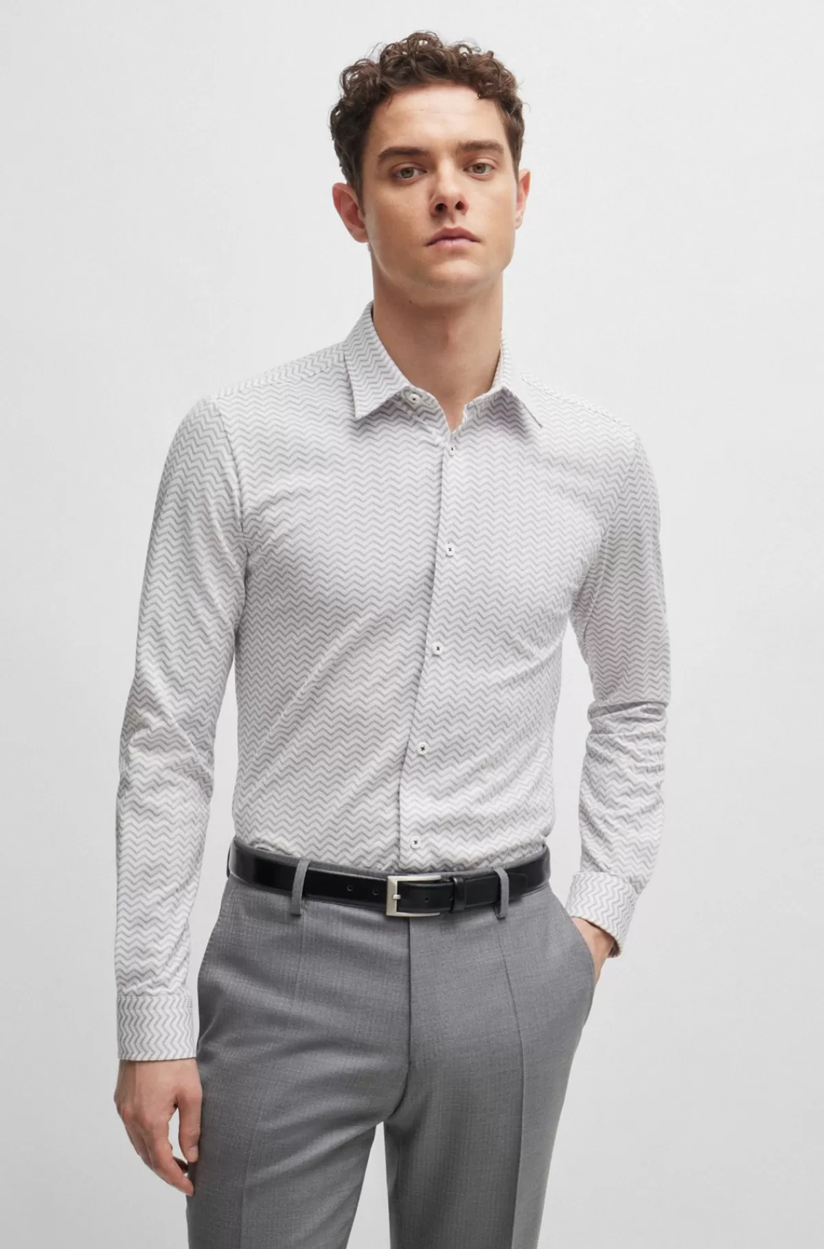 HUGO BOSS Slim Fit Skjorte I Mønstret Performance-stof Med Stræk Hvid New