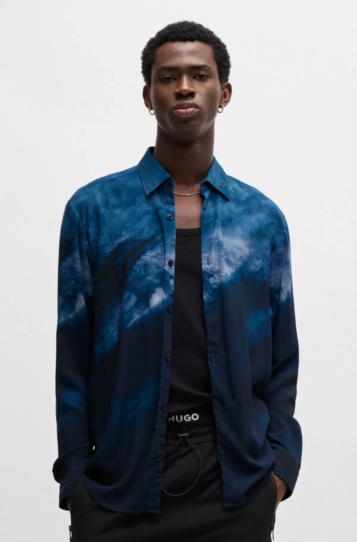 HUGO BOSS Slim Fit Skjorte I Poplin Med Abstrakt Print Blå Online
