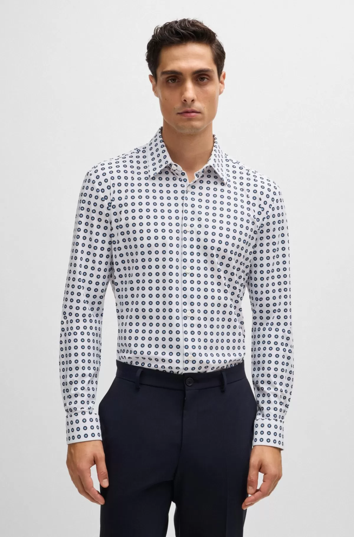 HUGO BOSS Slim Fit Skjorte I Printet Jersey Med Performance-stræk Hvid mønstret Online