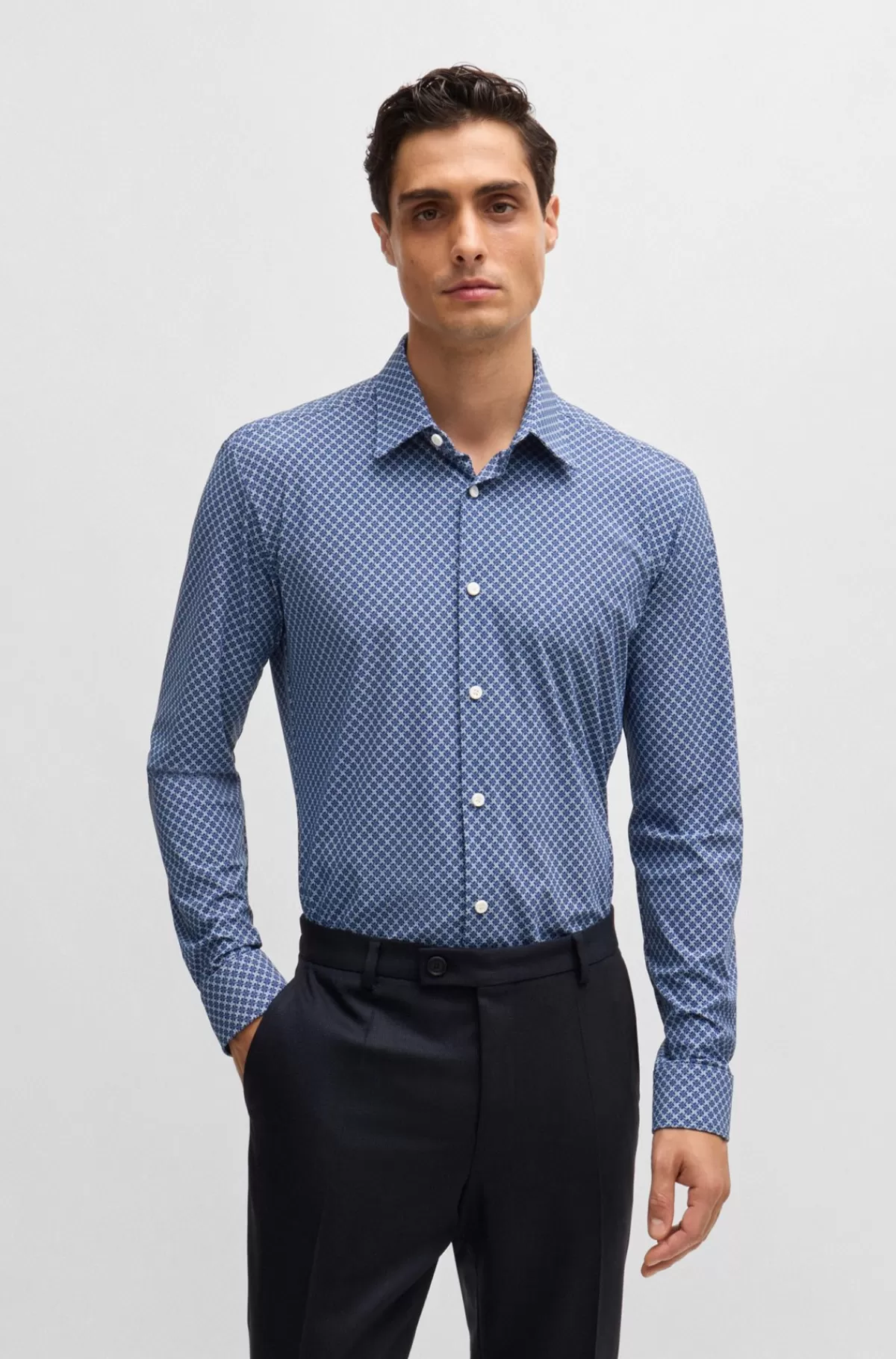 HUGO BOSS Slim Fit Skjorte I Printet Jersey Med Performance-stræk Blå Discount