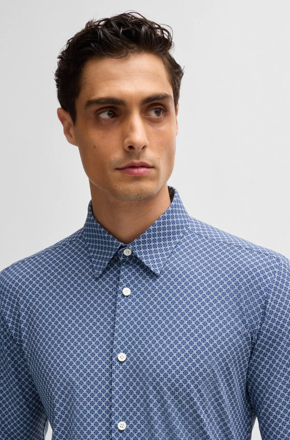 HUGO BOSS Slim Fit Skjorte I Printet Jersey Med Performance-stræk Blå Discount