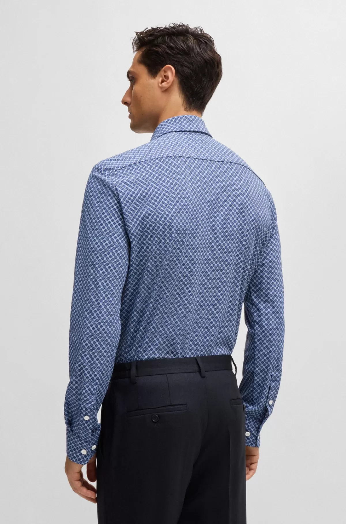 HUGO BOSS Slim Fit Skjorte I Printet Jersey Med Performance-stræk Blå Discount