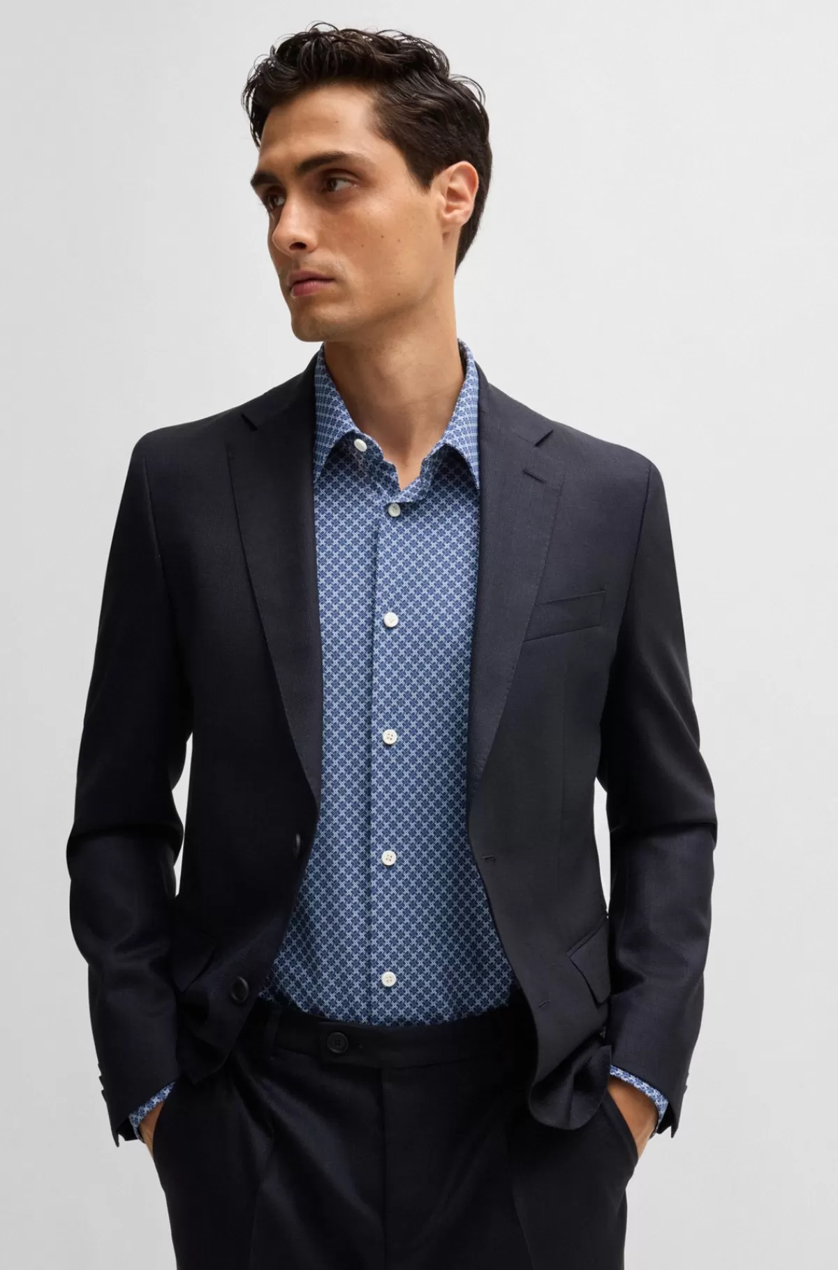 HUGO BOSS Slim Fit Skjorte I Printet Jersey Med Performance-stræk Blå Discount