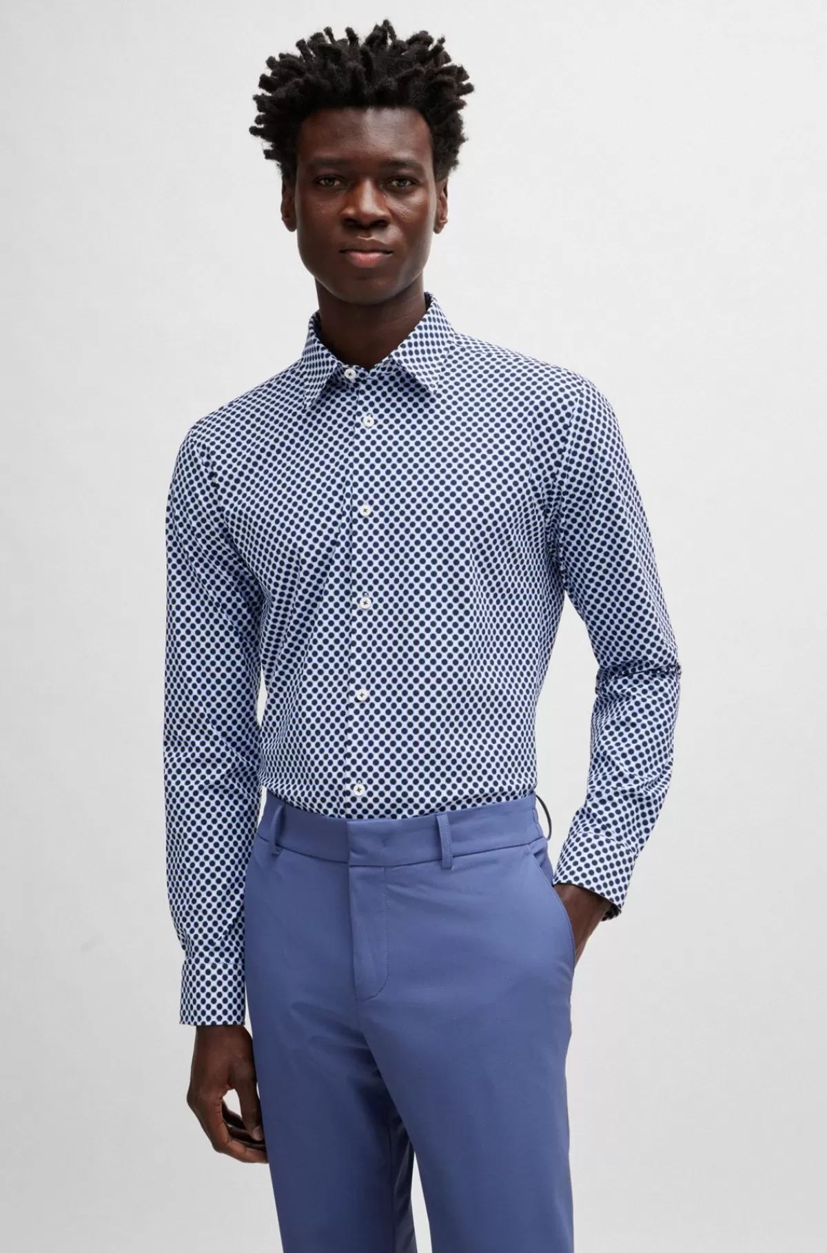 HUGO BOSS Slim Fit Skjorte I Printet Stof Med Performance-stræk Mørkeblå New