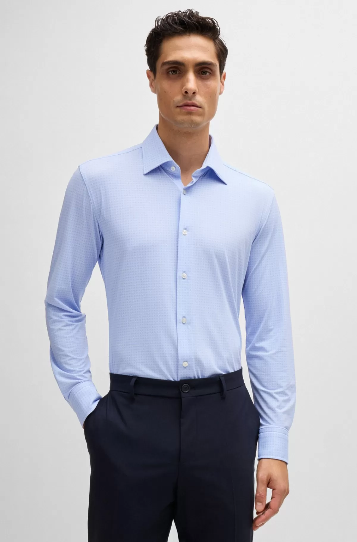HUGO BOSS Slim Fit Skjorte I Printet Stof Med Performance-stræk Lyseblå Cheap