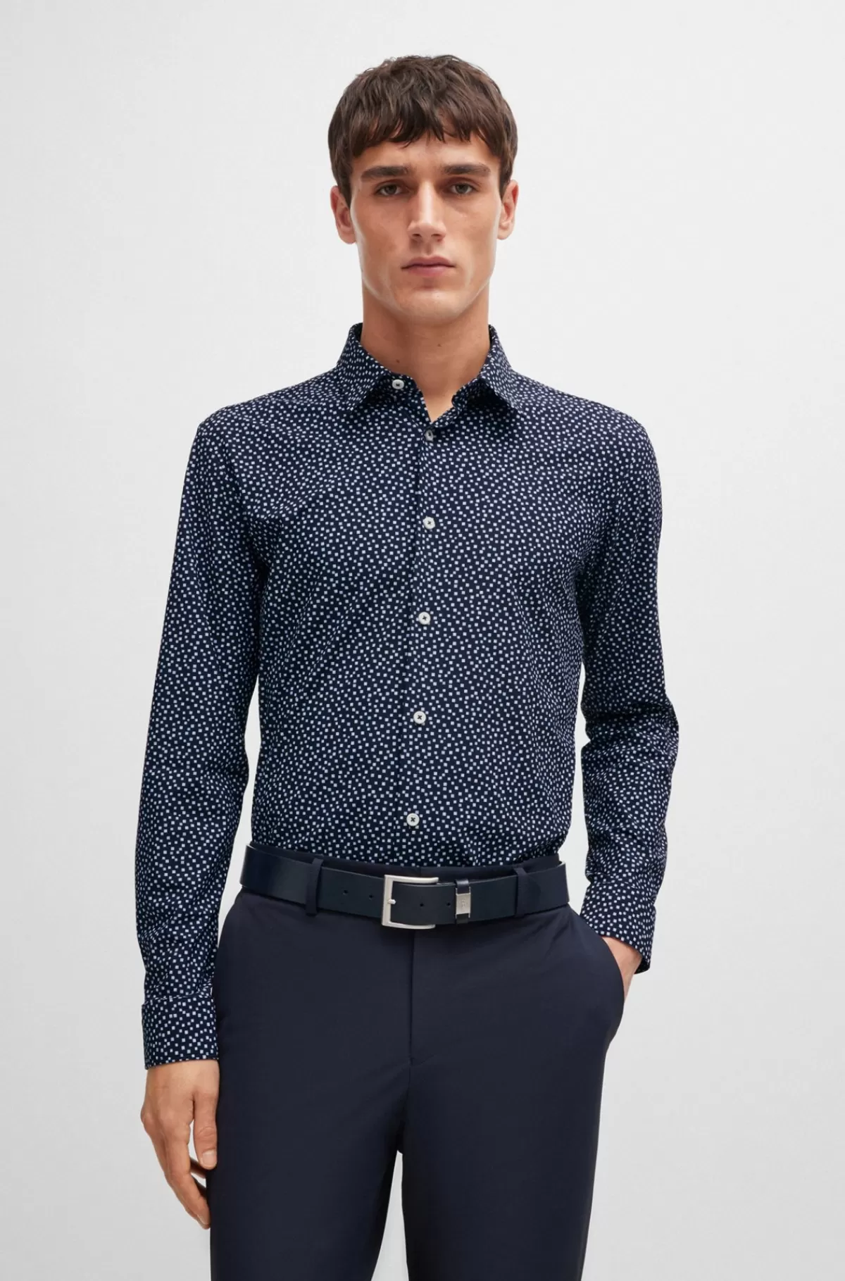 HUGO BOSS Slim Fit Skjorte I Printet Stof Med Performance-stræk Mørkeblå New