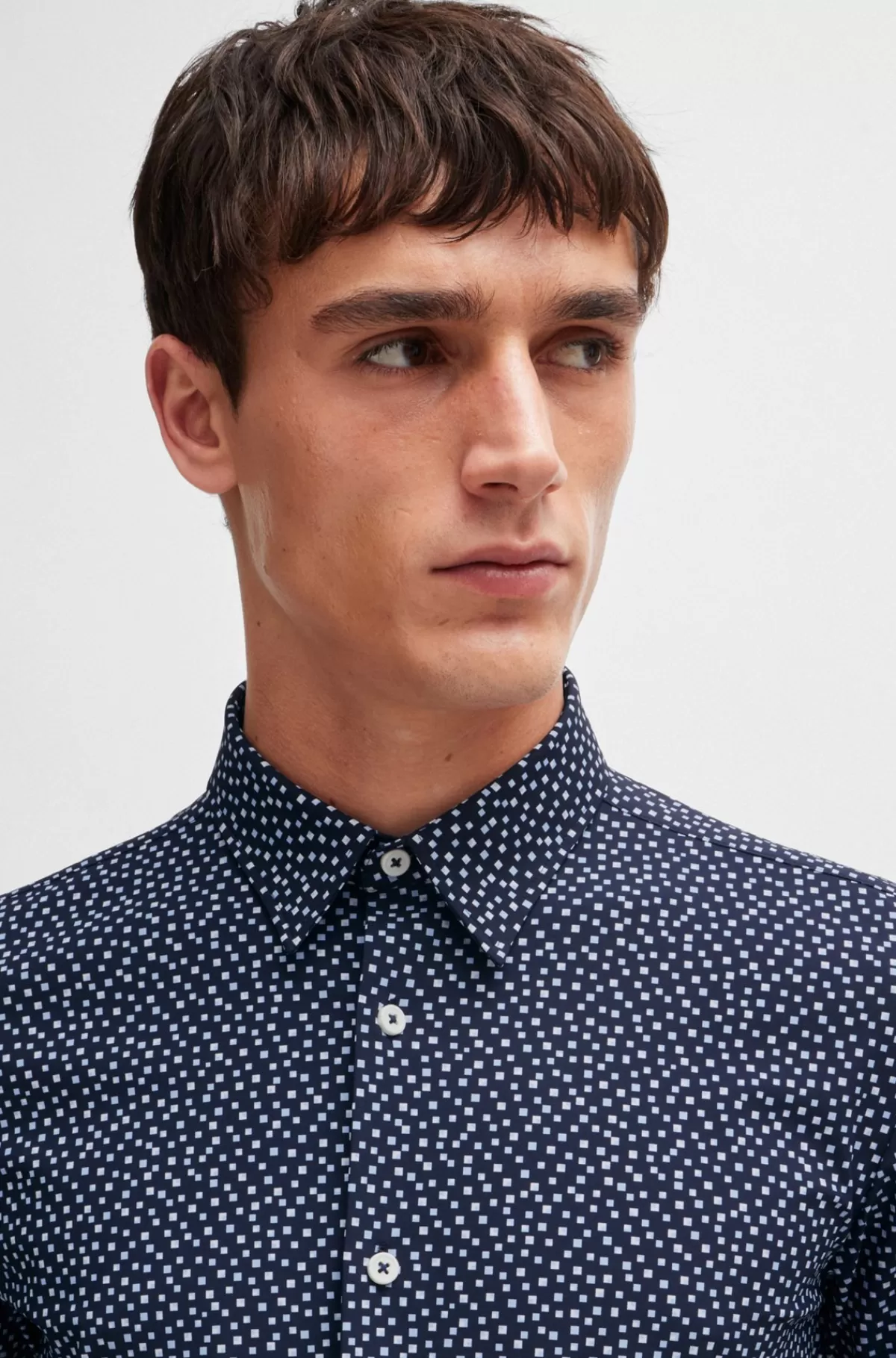 HUGO BOSS Slim Fit Skjorte I Printet Stof Med Performance-stræk Mørkeblå New