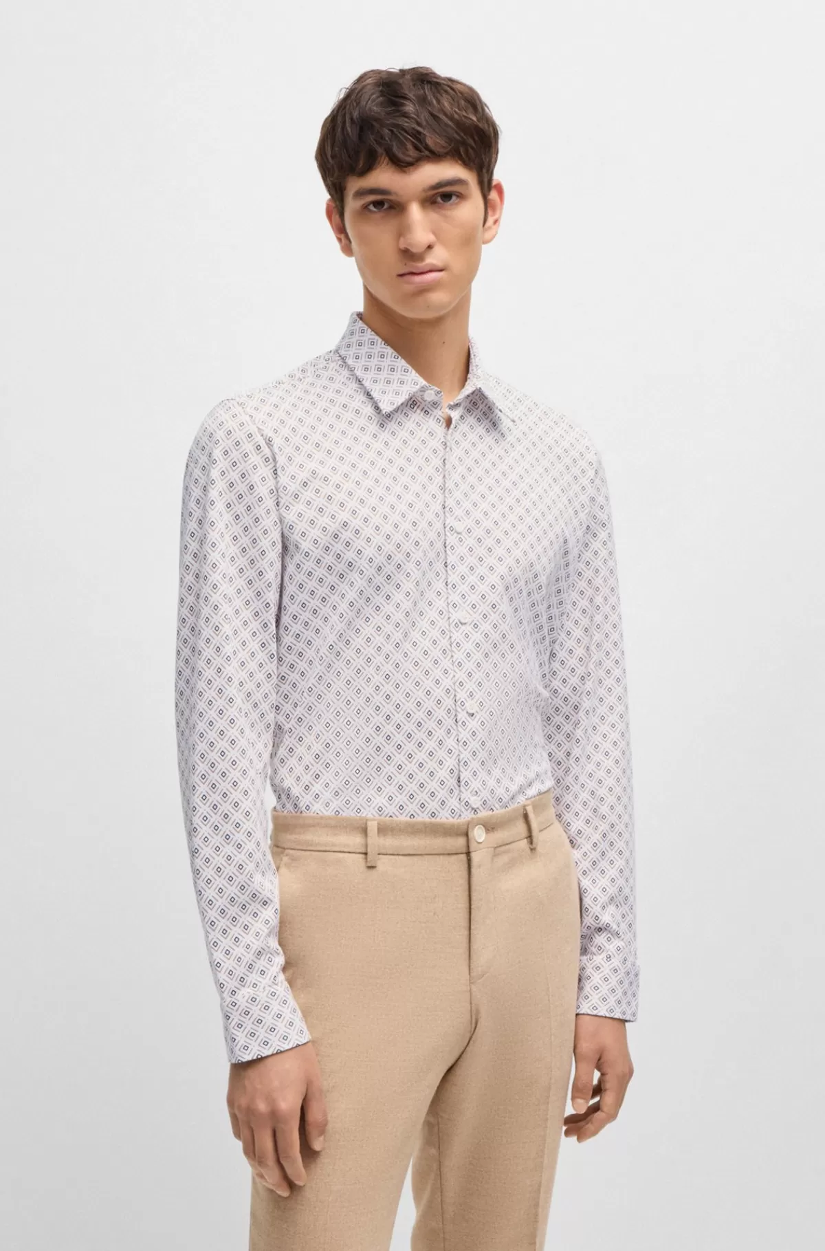 HUGO BOSS Slim Fit Skjorte Med Print I Jersey Af Bomuldsblanding Beige Fashion