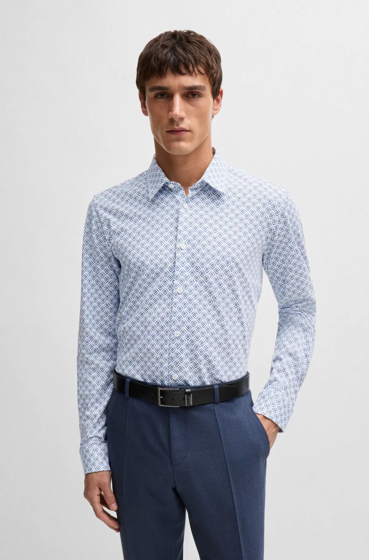 HUGO BOSS Slim Fit Skjorte Med Print I Jersey Af Bomuldsblanding Blå Best