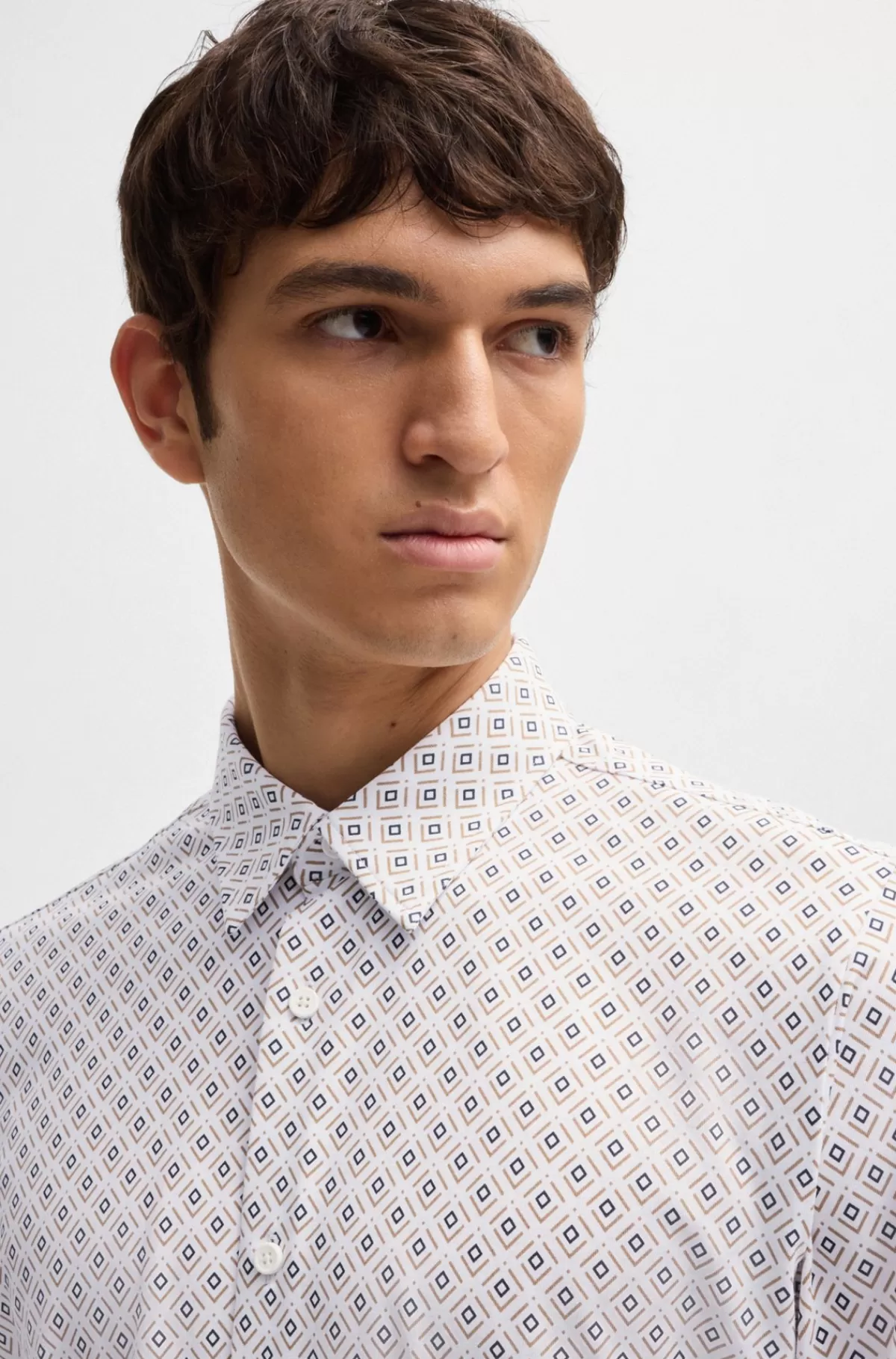 HUGO BOSS Slim Fit Skjorte Med Print I Jersey Af Bomuldsblanding Beige Fashion