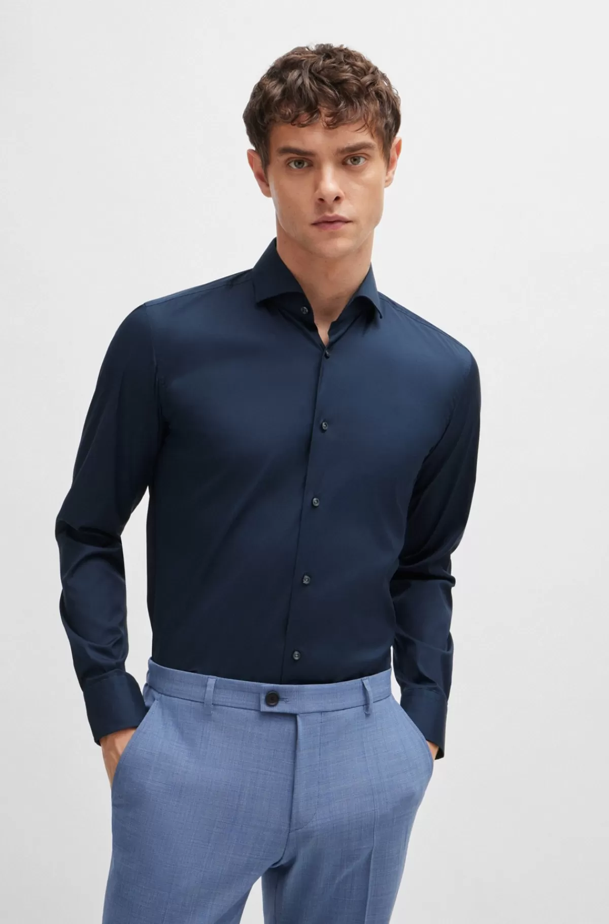 HUGO BOSS Slim Fit Strygelet Skjorte I Bomuldspoplin Mørkeblå Clearance