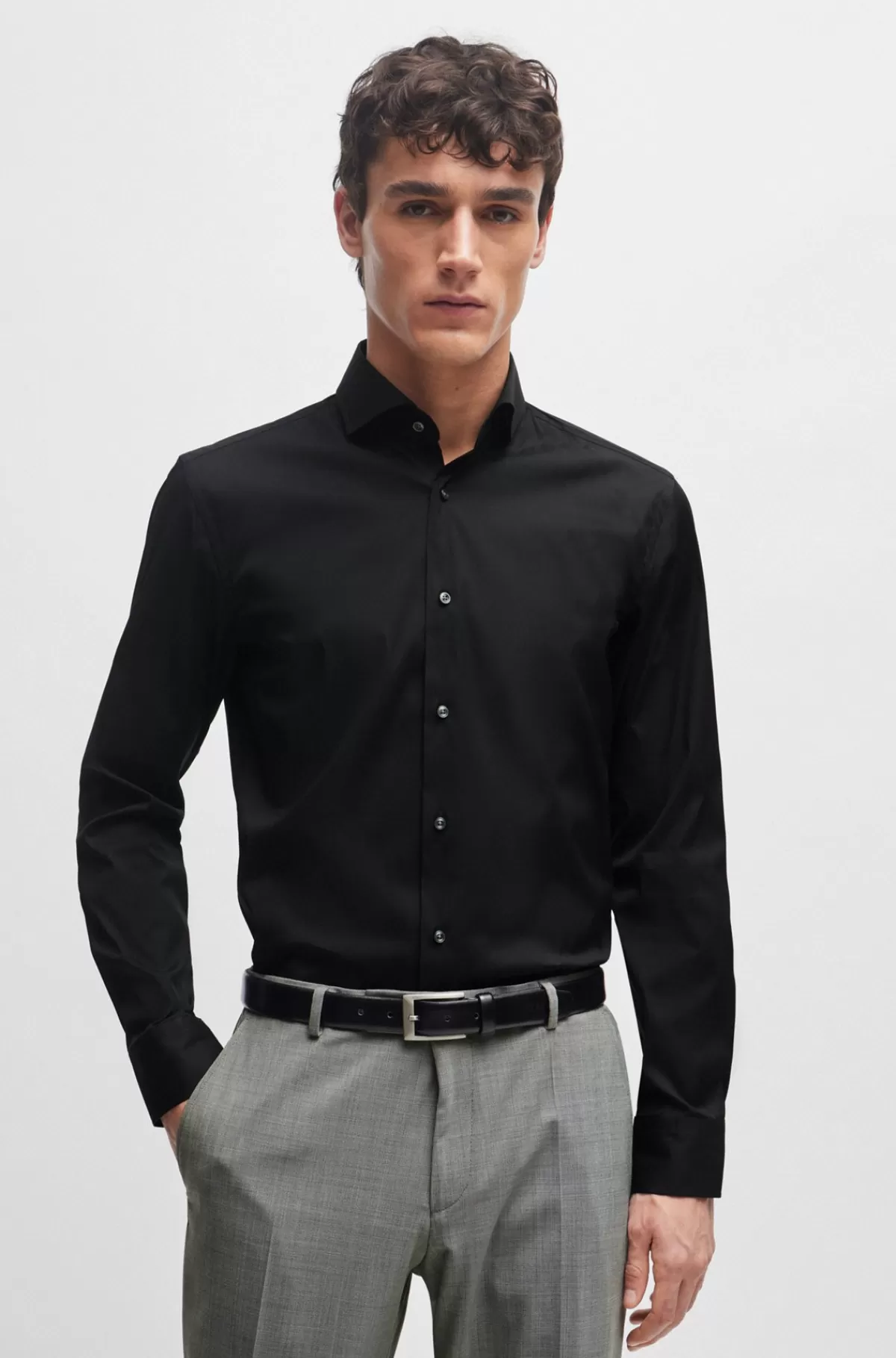 HUGO BOSS Slim Fit Strygelet Skjorte I Bomuldspoplin Sort Flash Sale