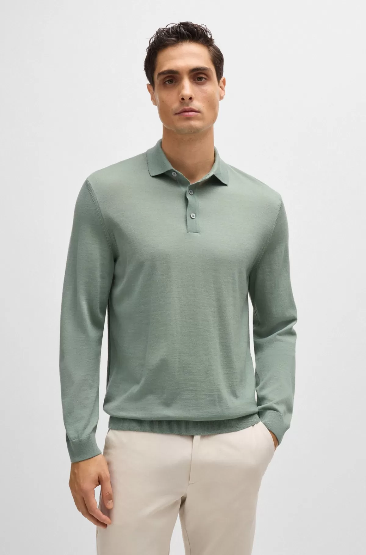 HUGO BOSS Slim Fit Sweater I Ny Uld Med Polokrave Lysegrøn Fashion