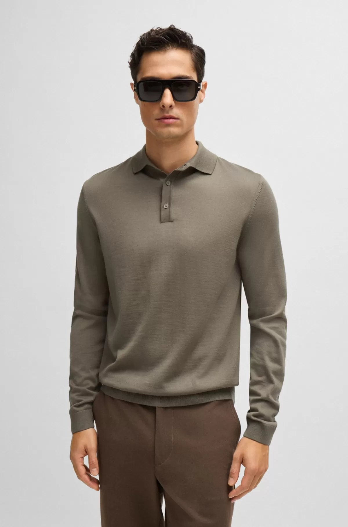 HUGO BOSS Slim Fit Sweater I Ny Uld Med Polokrave Brun Outlet