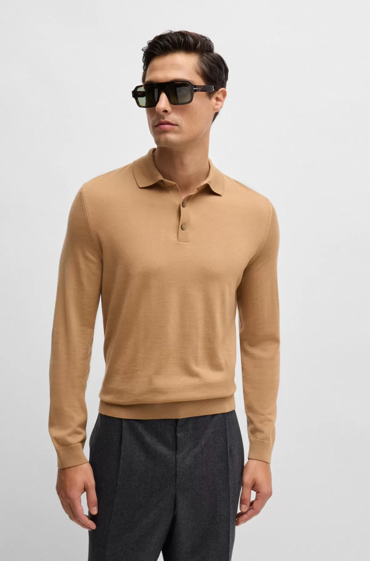 HUGO BOSS Slim Fit Sweater I Ny Uld Med Polokrave Beige Hot