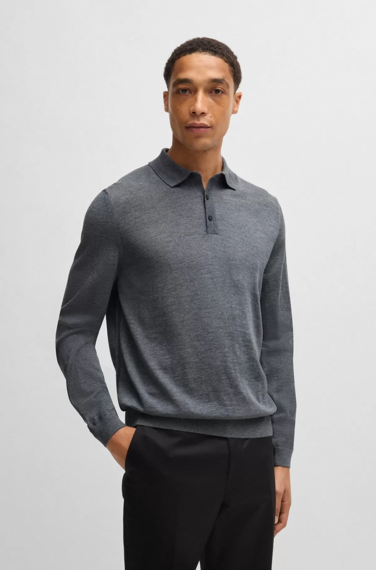 HUGO BOSS Slim Fit Sweater I Ny Uld Med Polokrave Grå Flash Sale