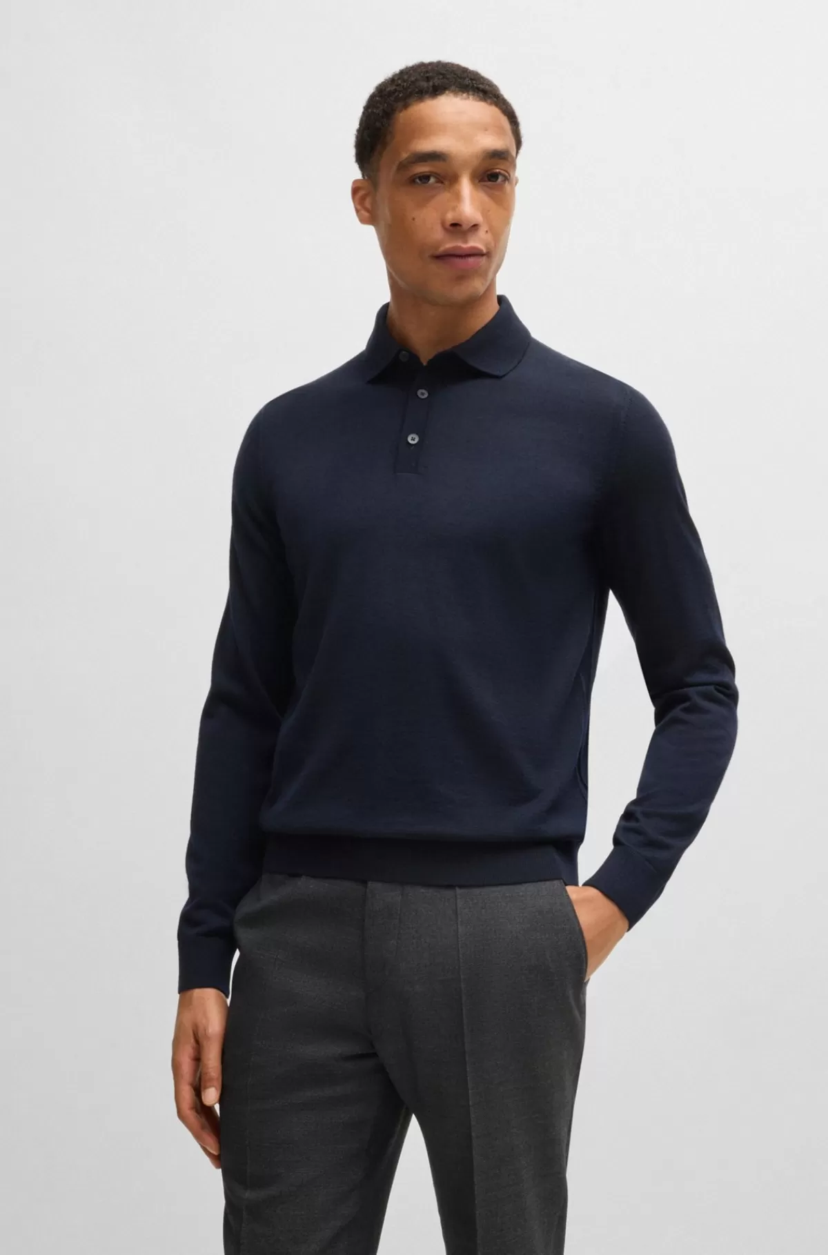 HUGO BOSS Slim Fit Sweater I Ny Uld Med Polokrave Mørkeblå Cheap
