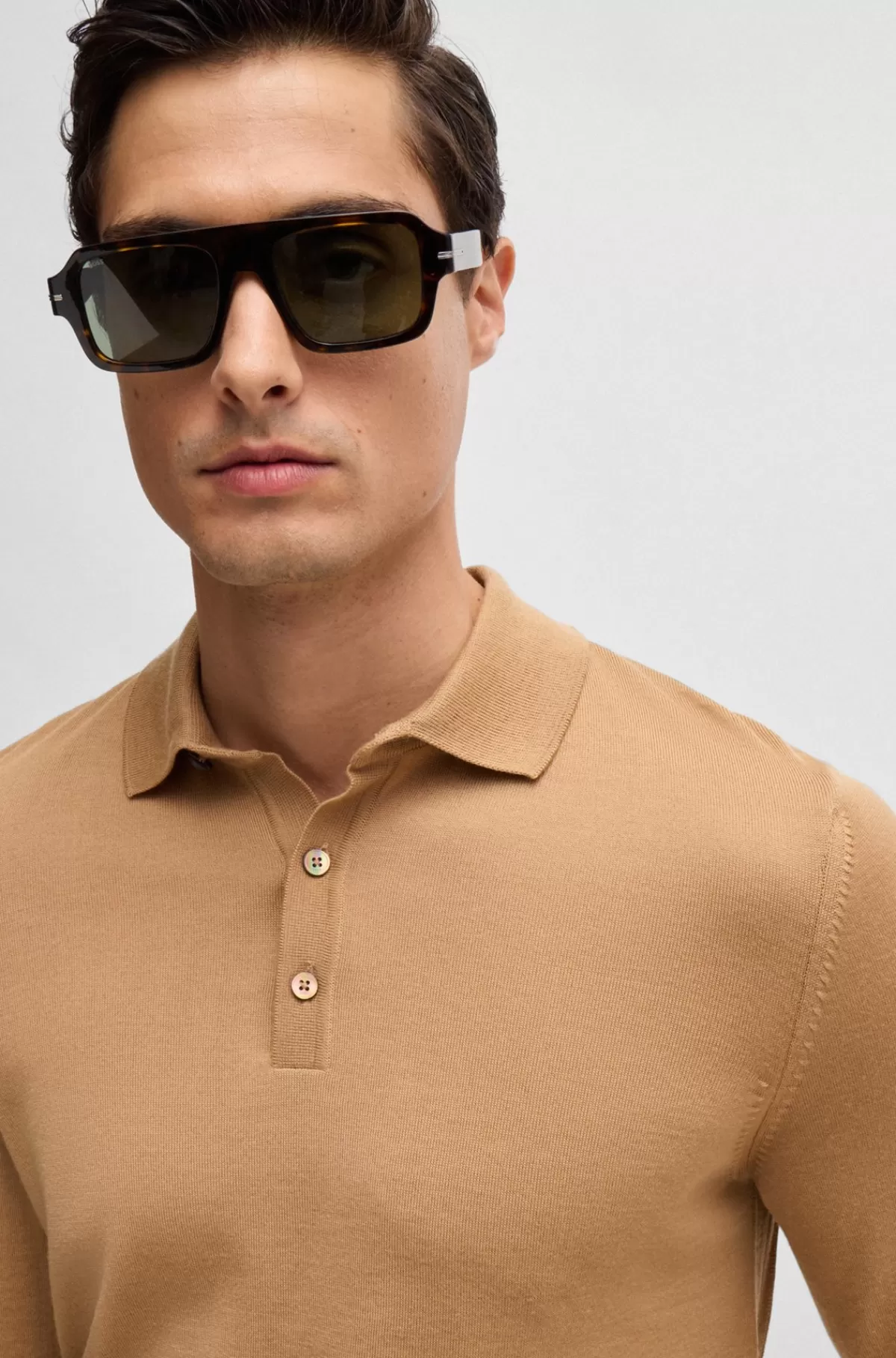 HUGO BOSS Slim Fit Sweater I Ny Uld Med Polokrave Beige Hot