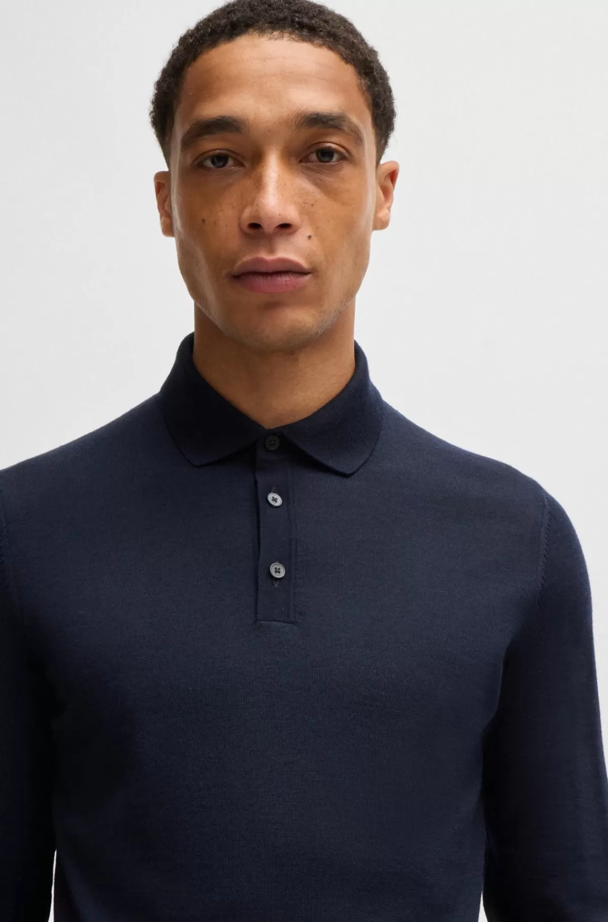 HUGO BOSS Slim Fit Sweater I Ny Uld Med Polokrave Mørkeblå Cheap