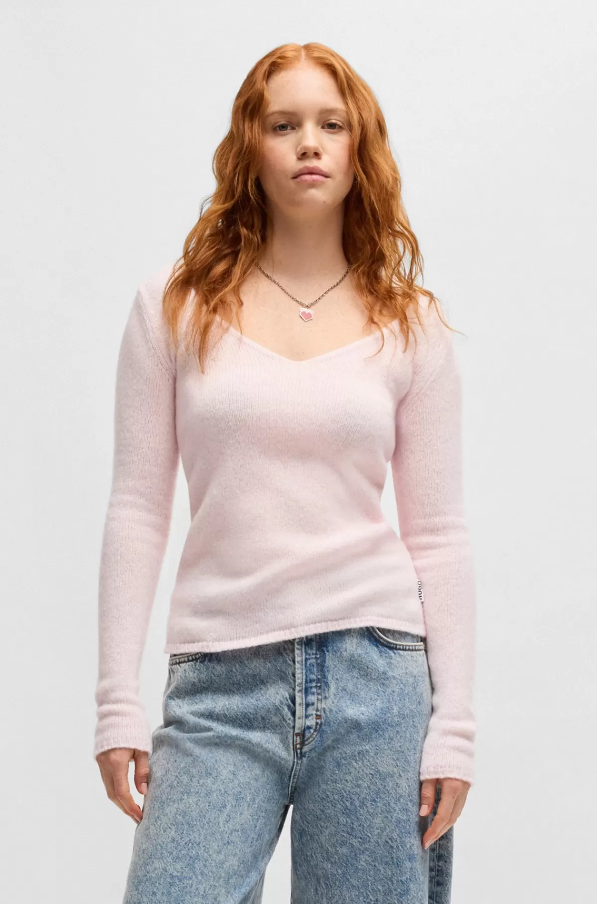 HUGO BOSS Slim Fit Sweater I Uldblanding Med V-hals Lys pink Cheap