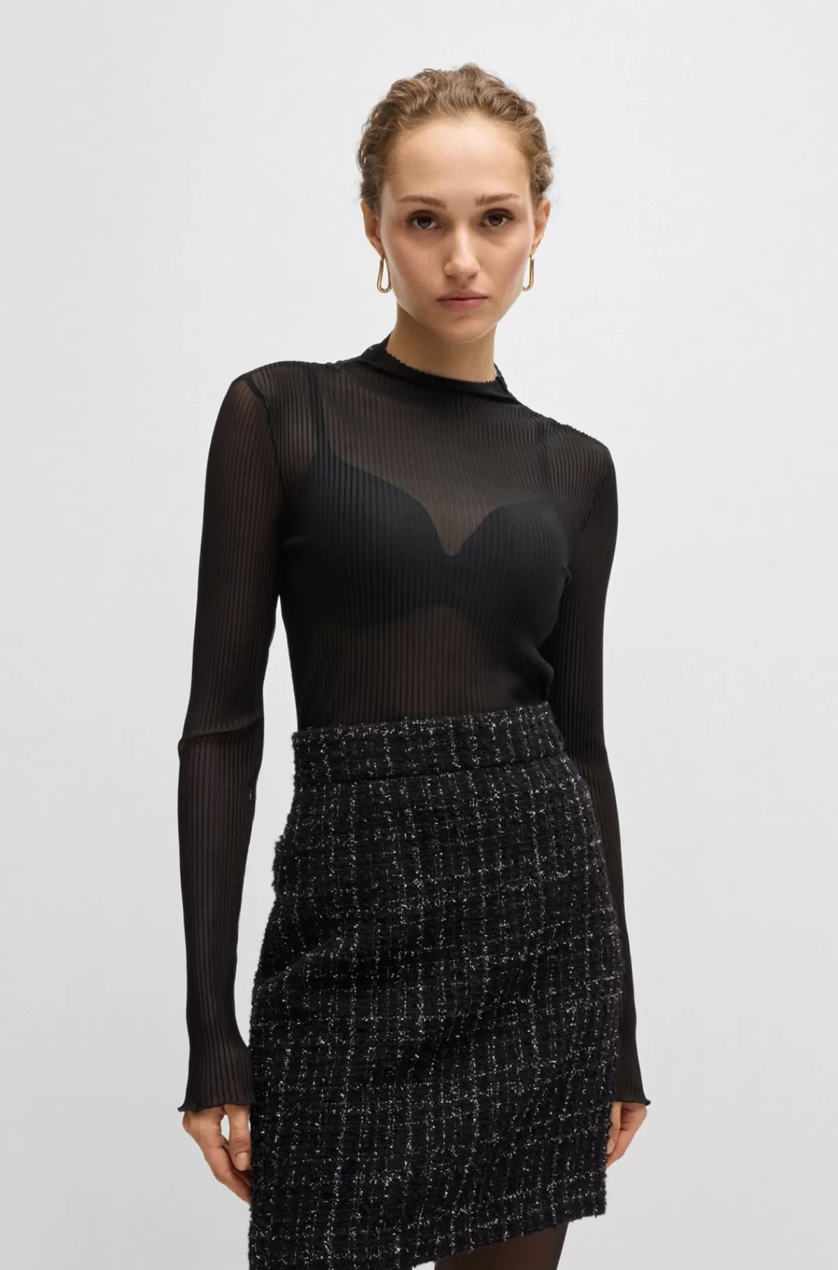 HUGO BOSS Slim Fit Top I Plisseret Tyl Med Print Sort Outlet