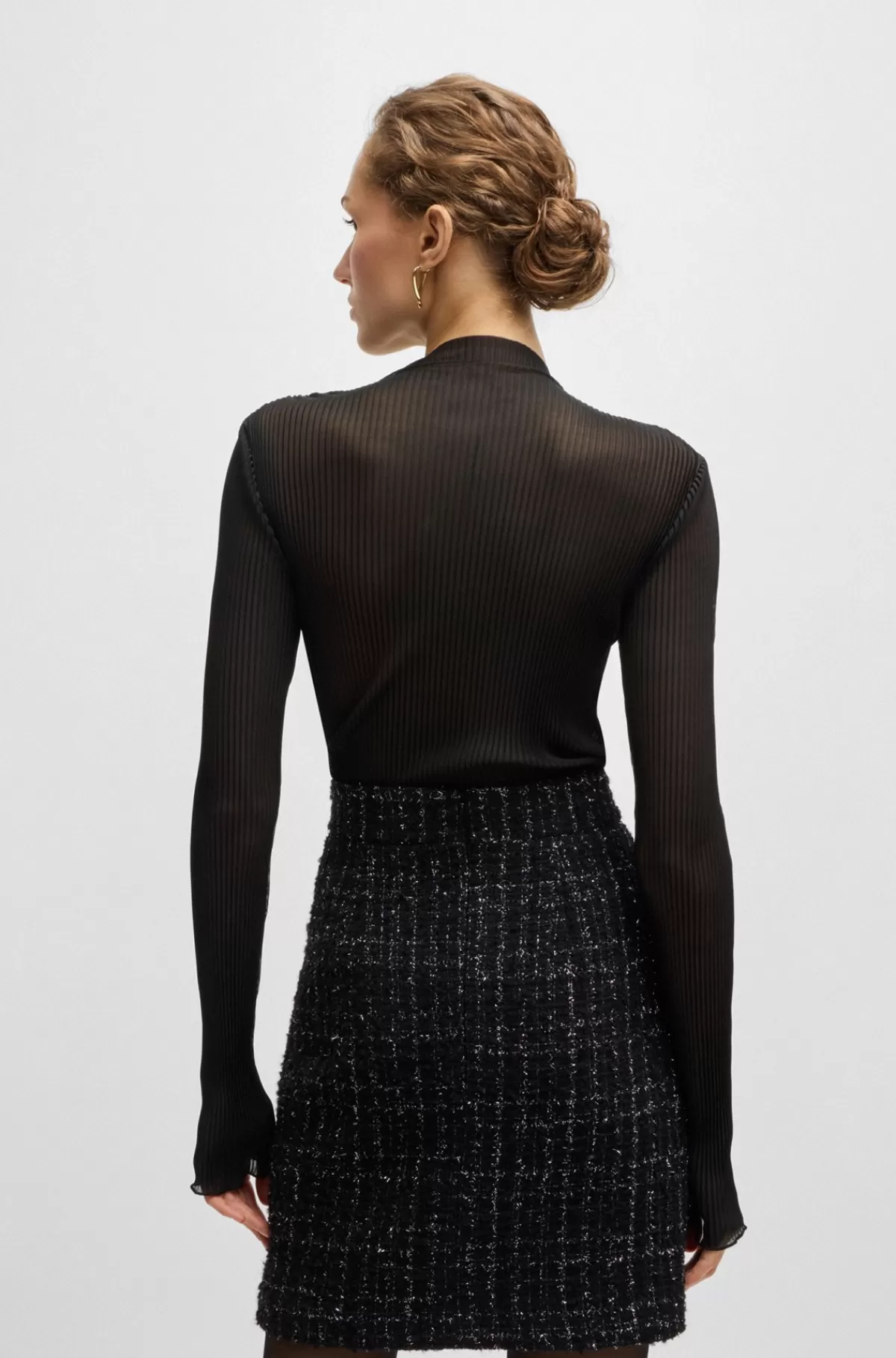 HUGO BOSS Slim Fit Top I Plisseret Tyl Med Print Sort Outlet