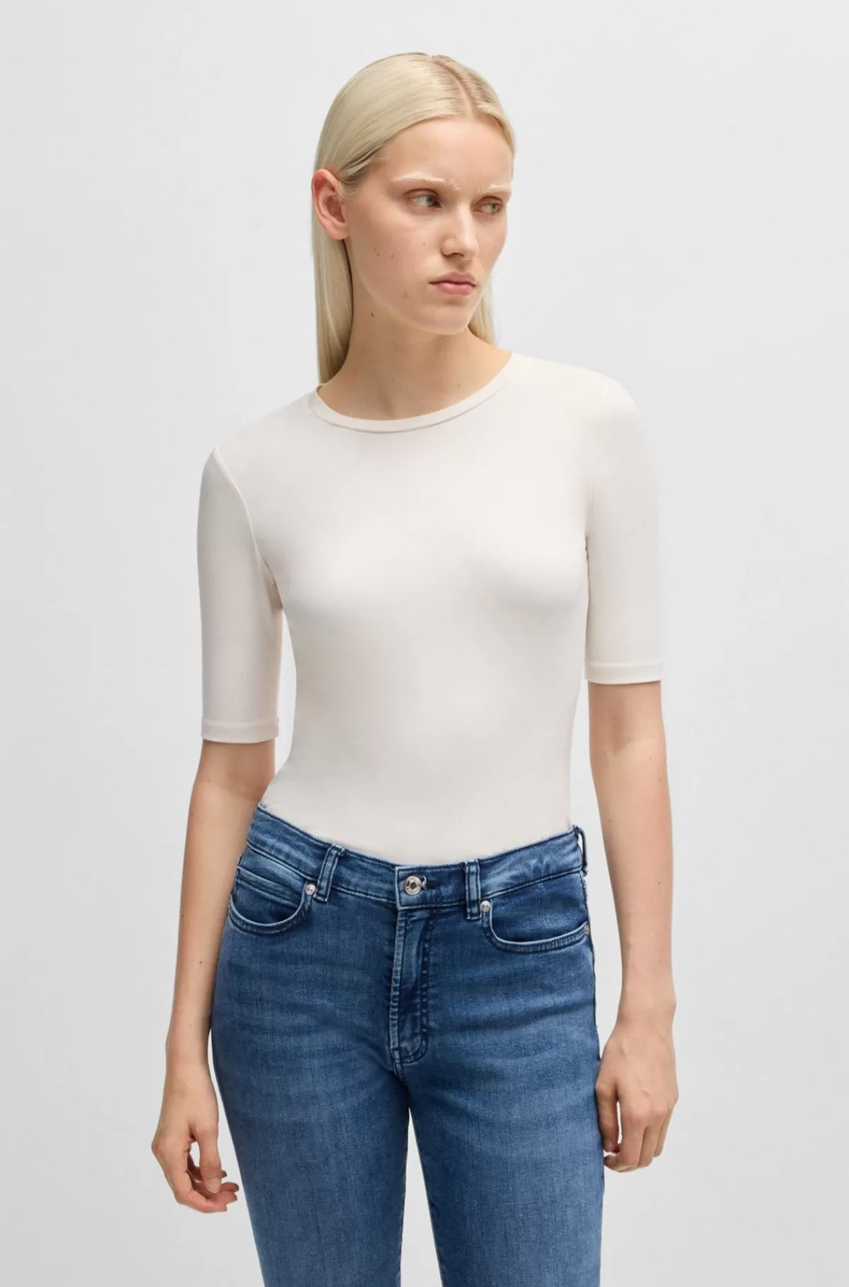 HUGO BOSS Slim Fit T-shirt I Bomuld, Modal Og Stræk Hvid Flash Sale