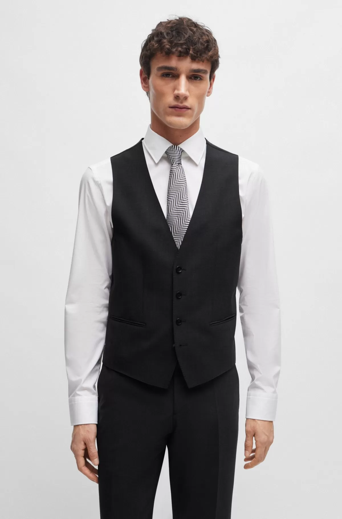 HUGO BOSS Slim Fit Vest Til Jakkesæt I Ny Uld Med Stræk Mørkegrå Outlet