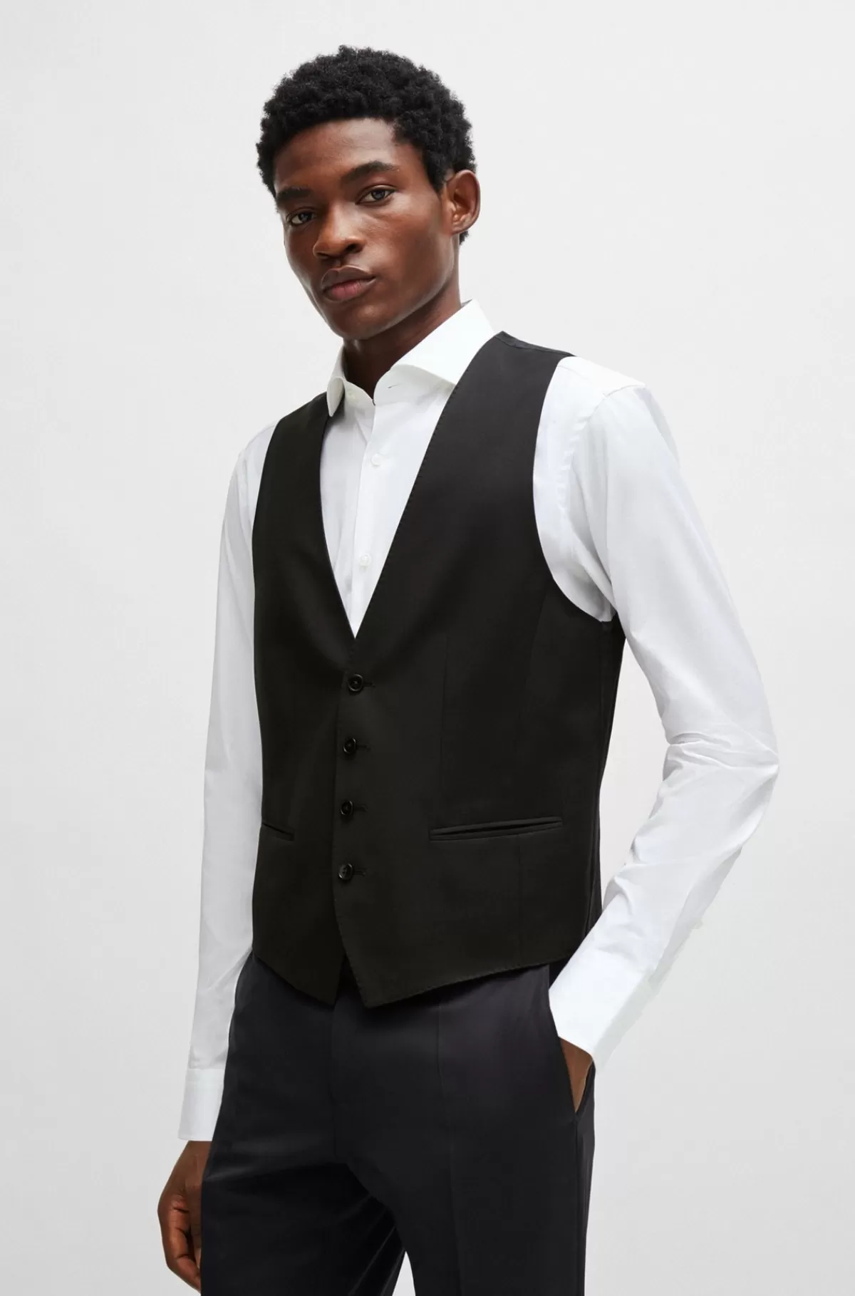 HUGO BOSS Slim Fit Vest Til Jakkesæt I Serge Af Ny Uld Sort Store
