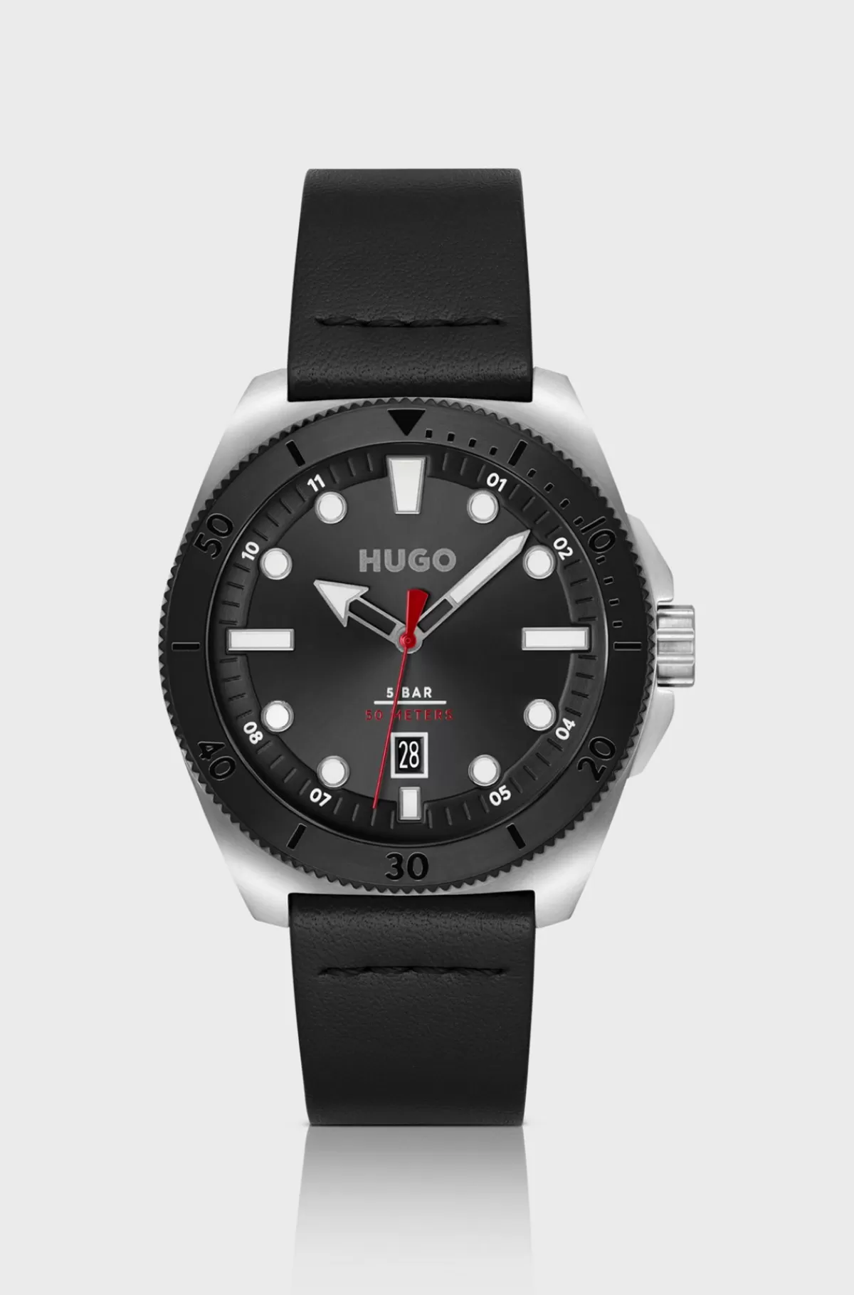 HUGO BOSS Sølvfarvet Ur Med Læderrem Sort Outlet