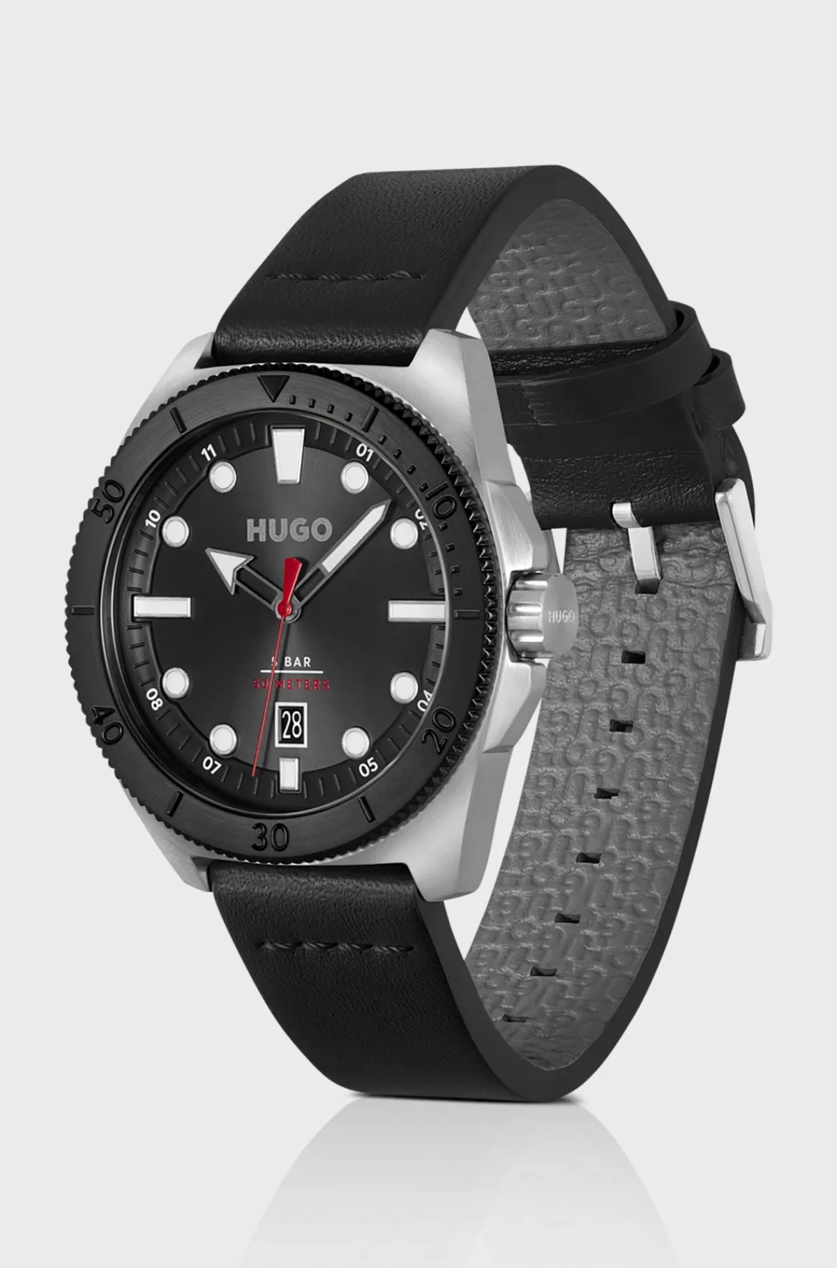 HUGO BOSS Sølvfarvet Ur Med Læderrem Sort Outlet