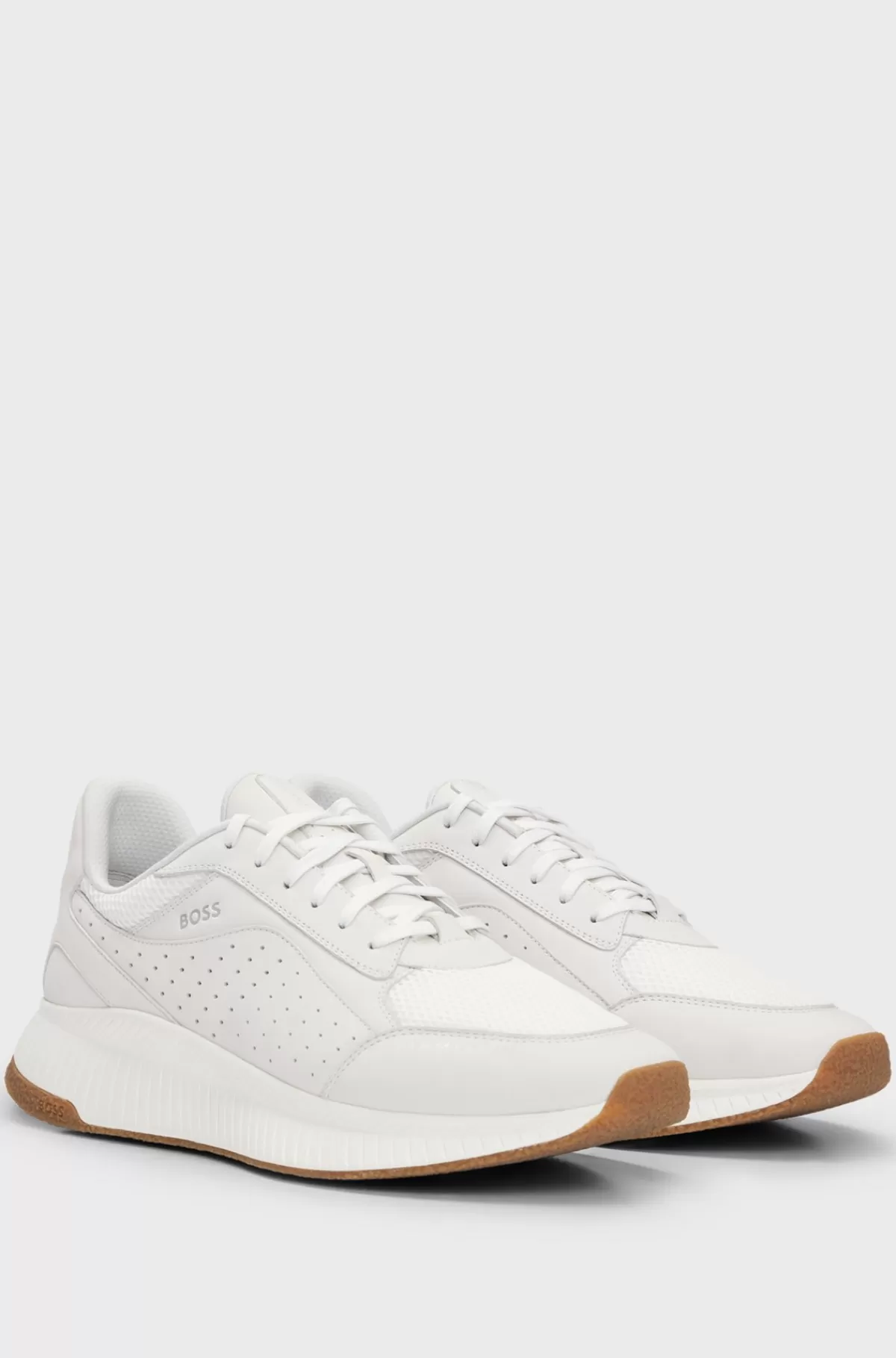 HUGO BOSS Sneakers I Læder Med Snørebånd Og Netdetaljer Hvid Outlet