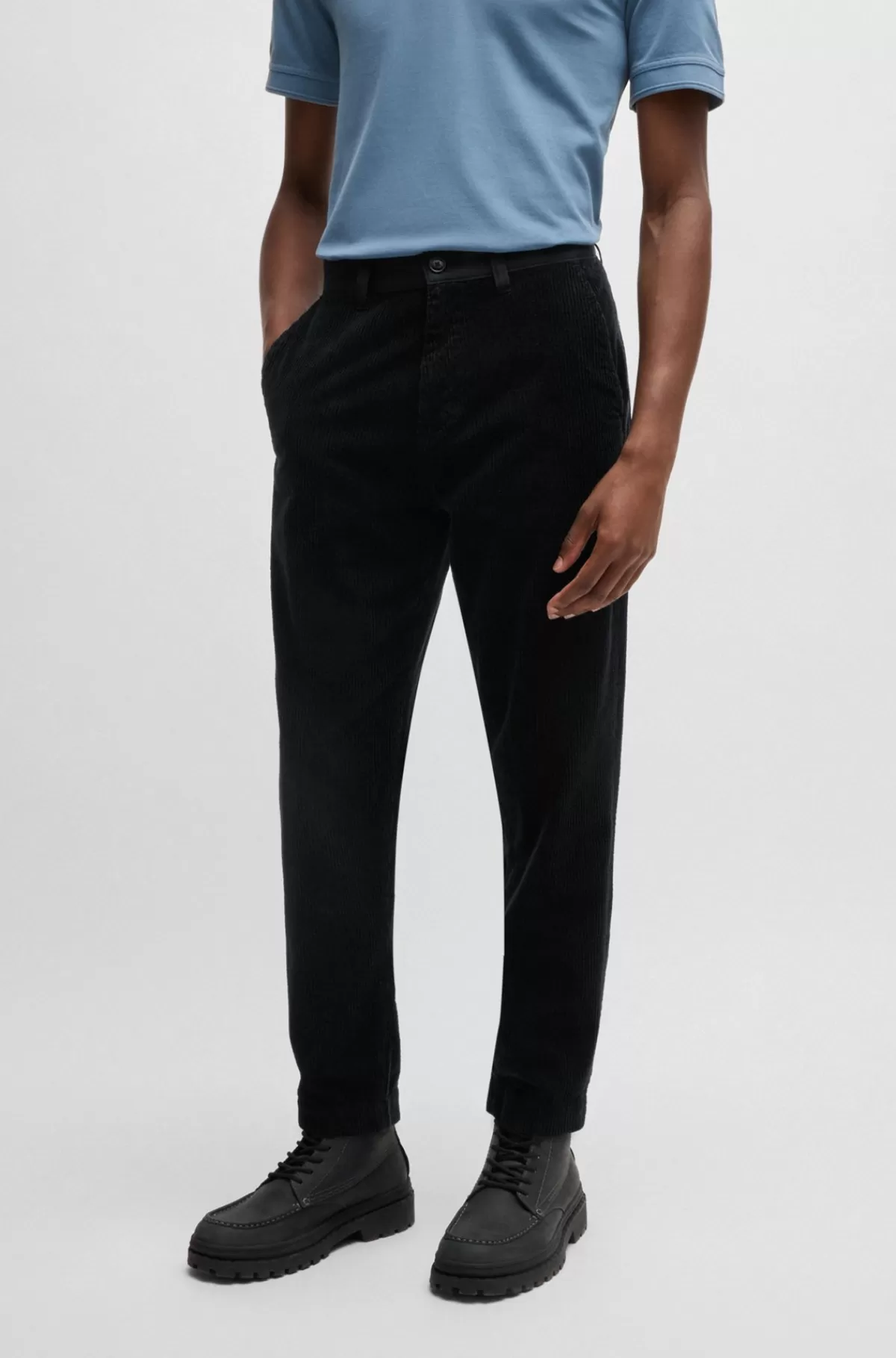 HUGO BOSS Straight Fit Bukser I Bomuldsfløjl Med Kontrastfarvet Linning Sort Outlet
