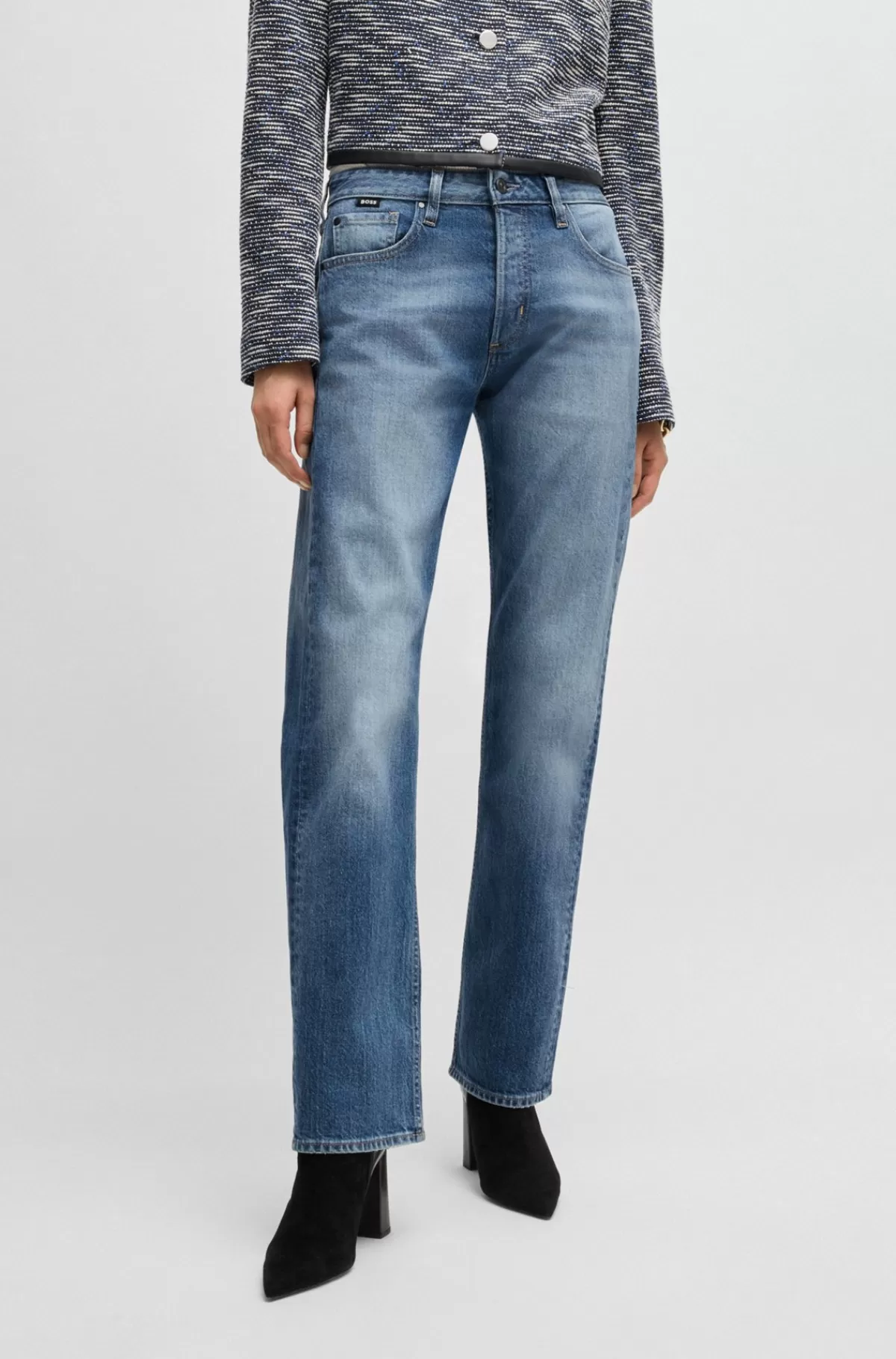 HUGO BOSS Straight Fit Jeans I Falmet Denim Med Behageligt Stræk Blå Sale