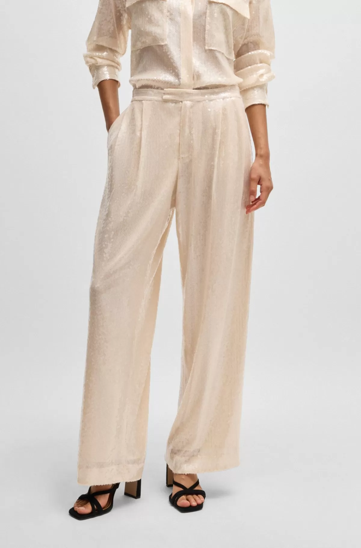 HUGO BOSS Straight Fit Pailletbukser I Stof Med Stræk Lys beige Discount