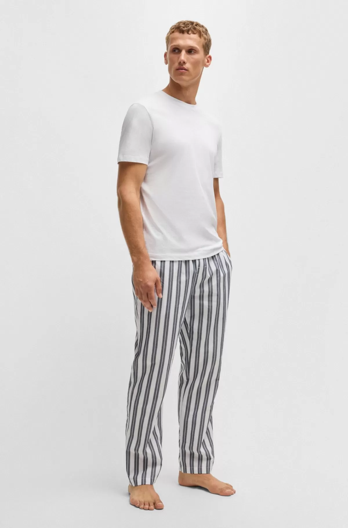 HUGO BOSS Stribede Pyjamasbukser I Bomuldspoplin Med Brandet Linning Hvid New