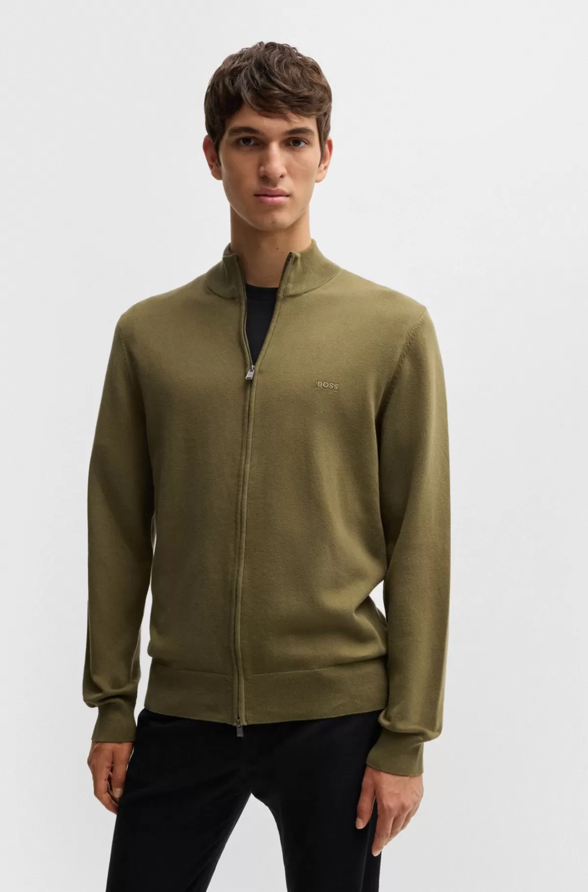 HUGO BOSS Strikket Bomuldscardigan Med Lynlås Og Broderet Logo Kaki Best Sale