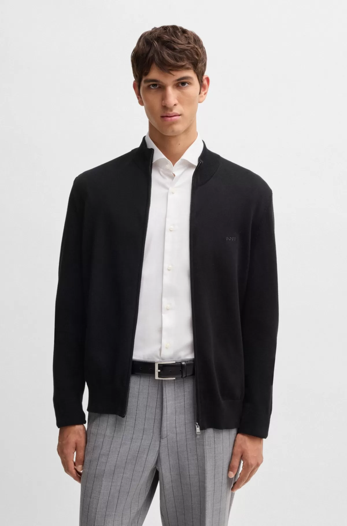 HUGO BOSS Strikket Bomuldscardigan Med Lynlås Og Broderet Logo Sort Discount