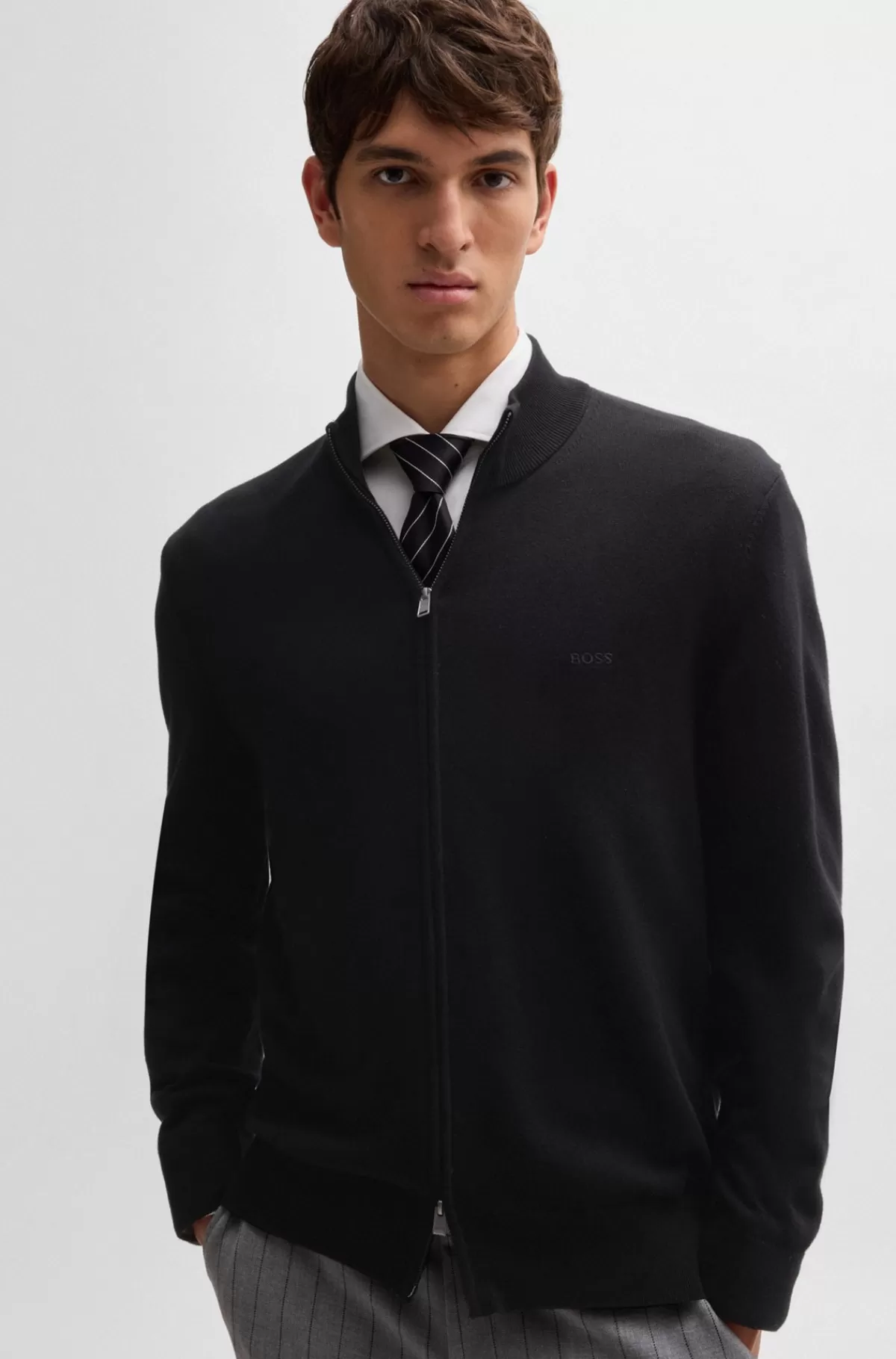HUGO BOSS Strikket Bomuldscardigan Med Lynlås Og Broderet Logo Sort Discount