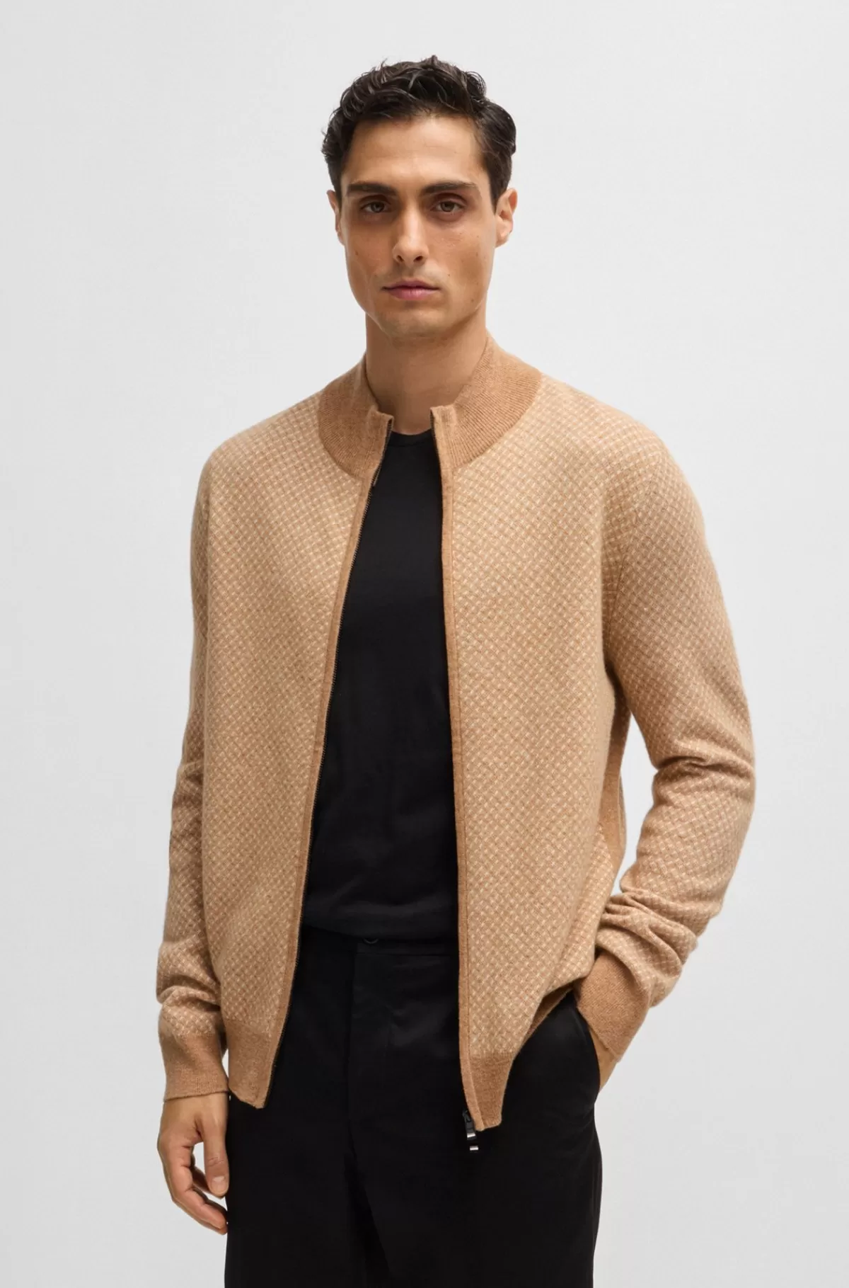 HUGO BOSS Strikket Cardigan I Bomuld Og Ny Uld Med Lynlås Beige Discount