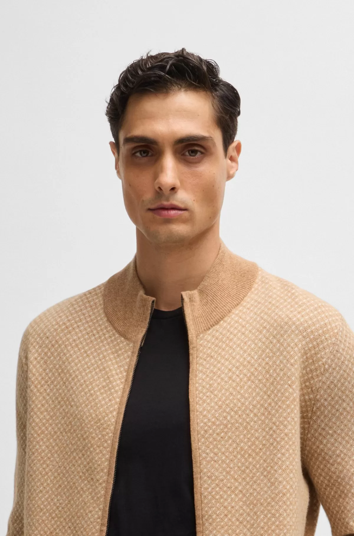 HUGO BOSS Strikket Cardigan I Bomuld Og Ny Uld Med Lynlås Beige Discount