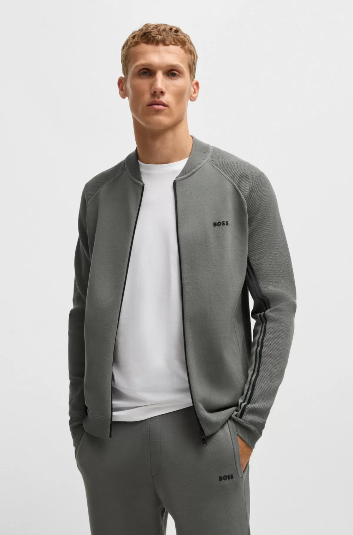 HUGO BOSS Strikket Cardigan Med Lynlås Og Striber I Mikrostruktur Grå Best Sale